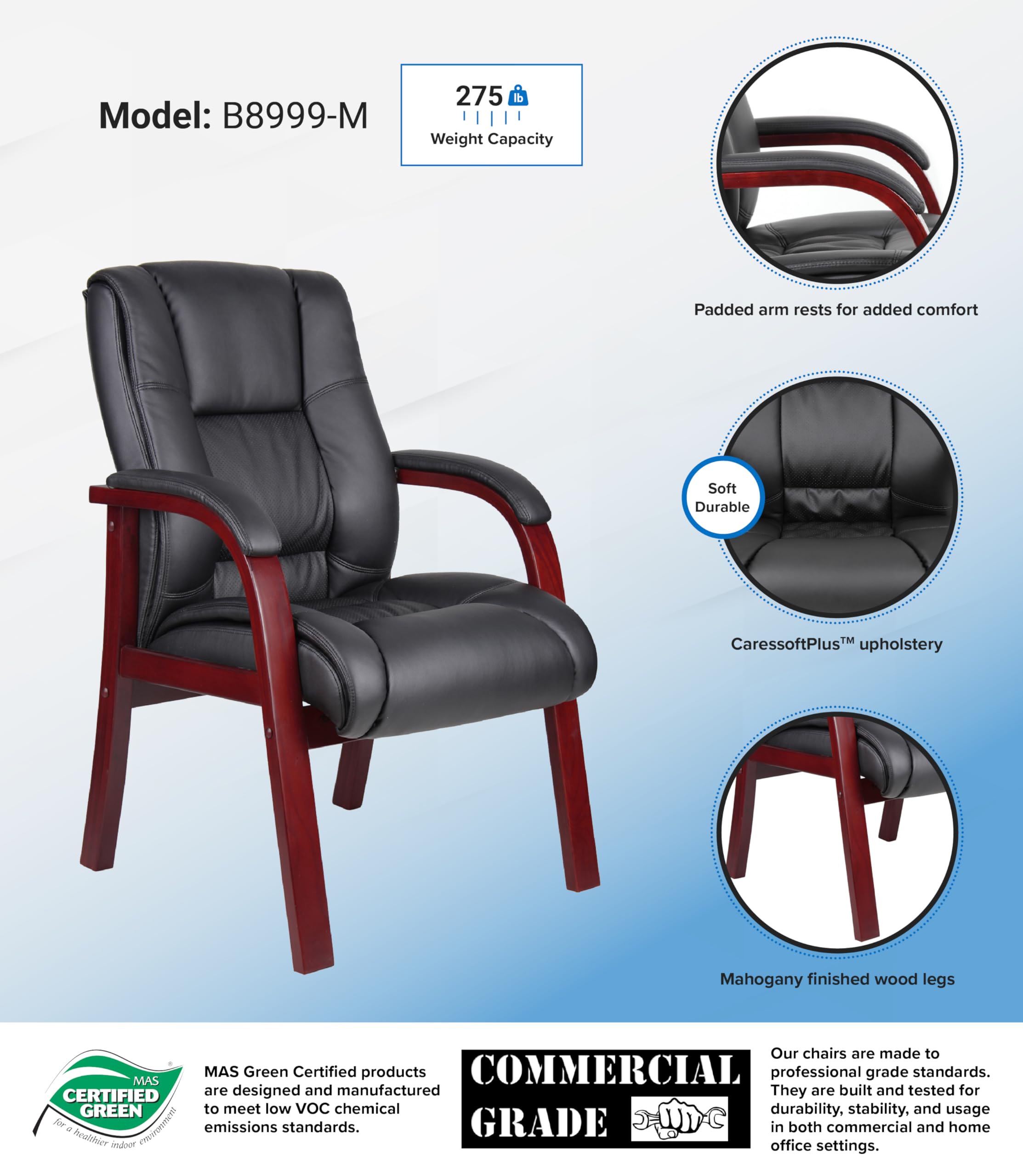 Boss Office Products Mid Back Wood Finished Guest Chair - Ergonomic Office Chair for Home & Business Use - Perfect for Conference Rooms, Waiting Areas & Guest Seating