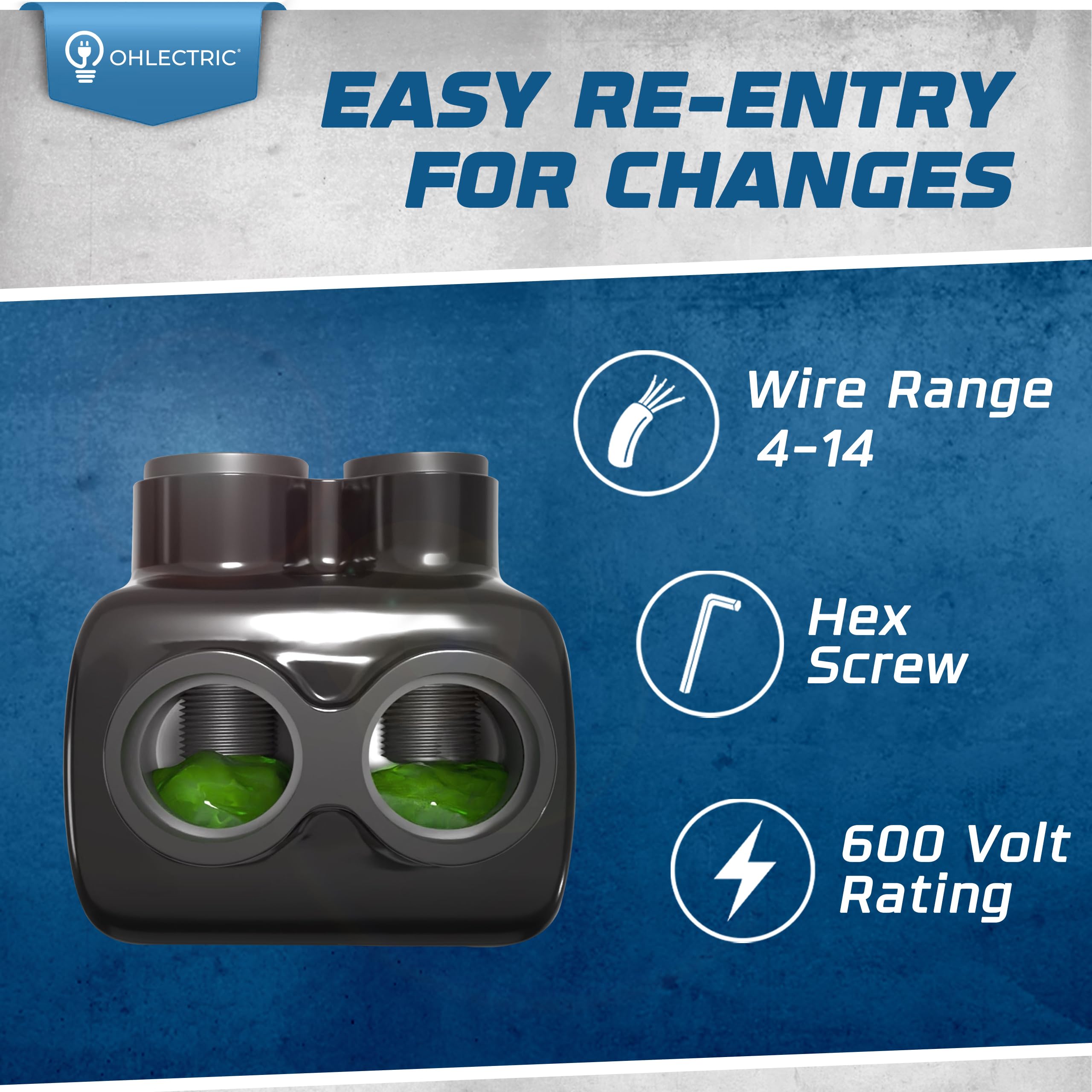 OHLECTRIC 2-Port Insulated Wire Connector for 4-14 AWG Wires - Dual Side Entry with 5/32