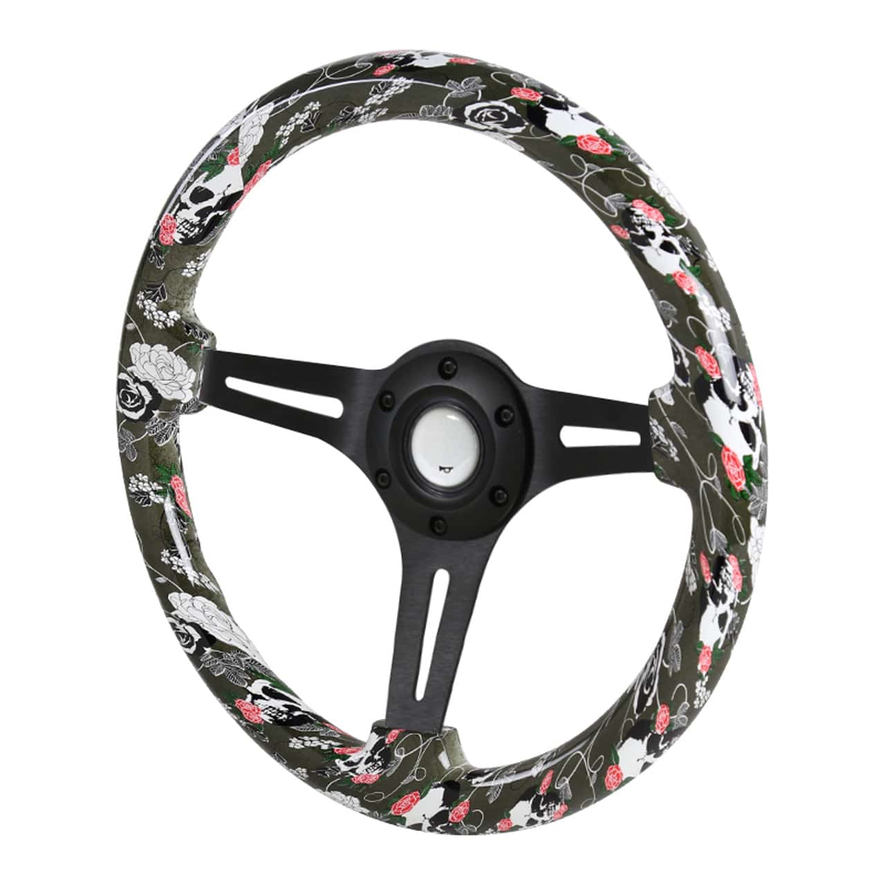 Stylish Green Skull & Rose Wooden Steering Wheel - 3 Spoke Deep Dish Design for Classic & Custom Cars - Perfect for Hot Rods, Rat Rods & Vintage Vehicles