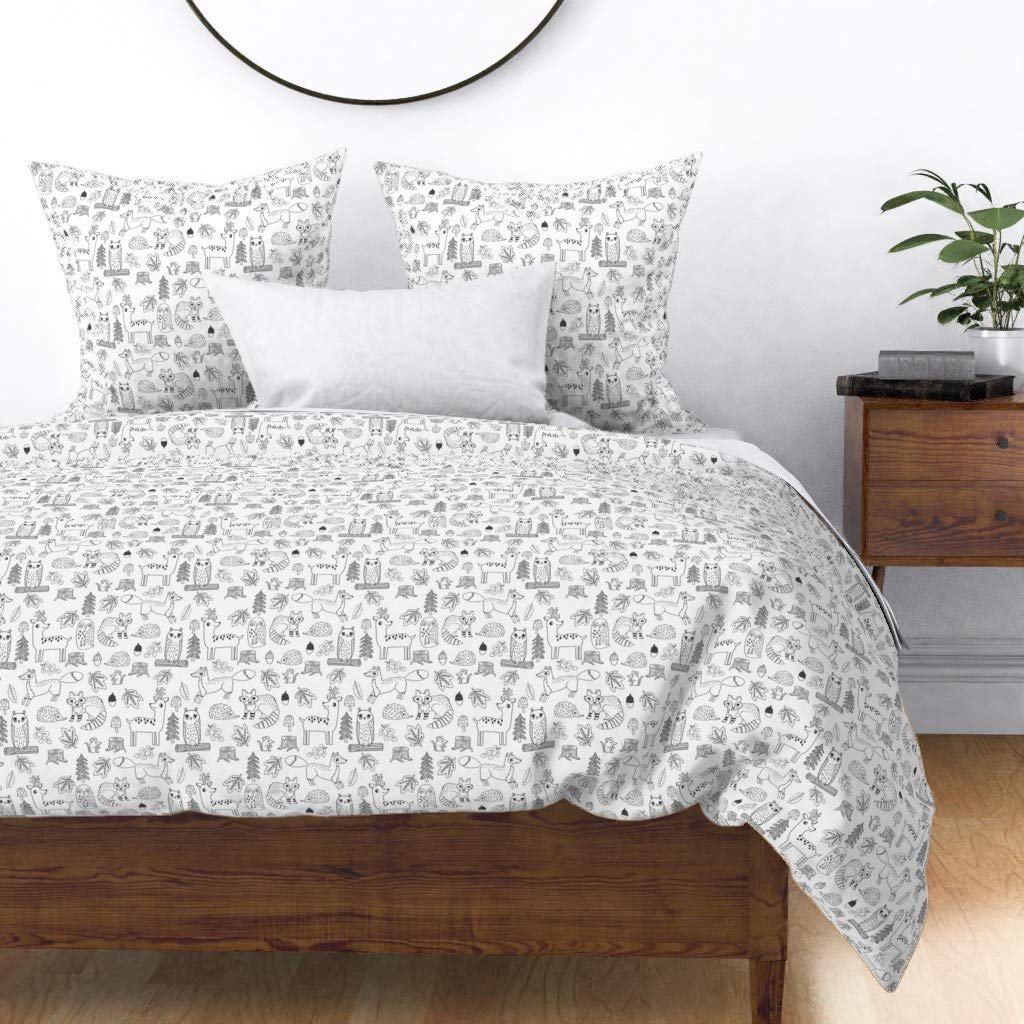 Cotton Sateen Duvet Cover Full/Queen Size - Woodland Animals Autumn Hand Drawn Black White Fall Theme Nursery Bedding Set | Gender Neutral Forest Animal Print by Spoonflower | Perfect for Kids' Room, Baby Nursery & Cozy Fall Bedroom Decor