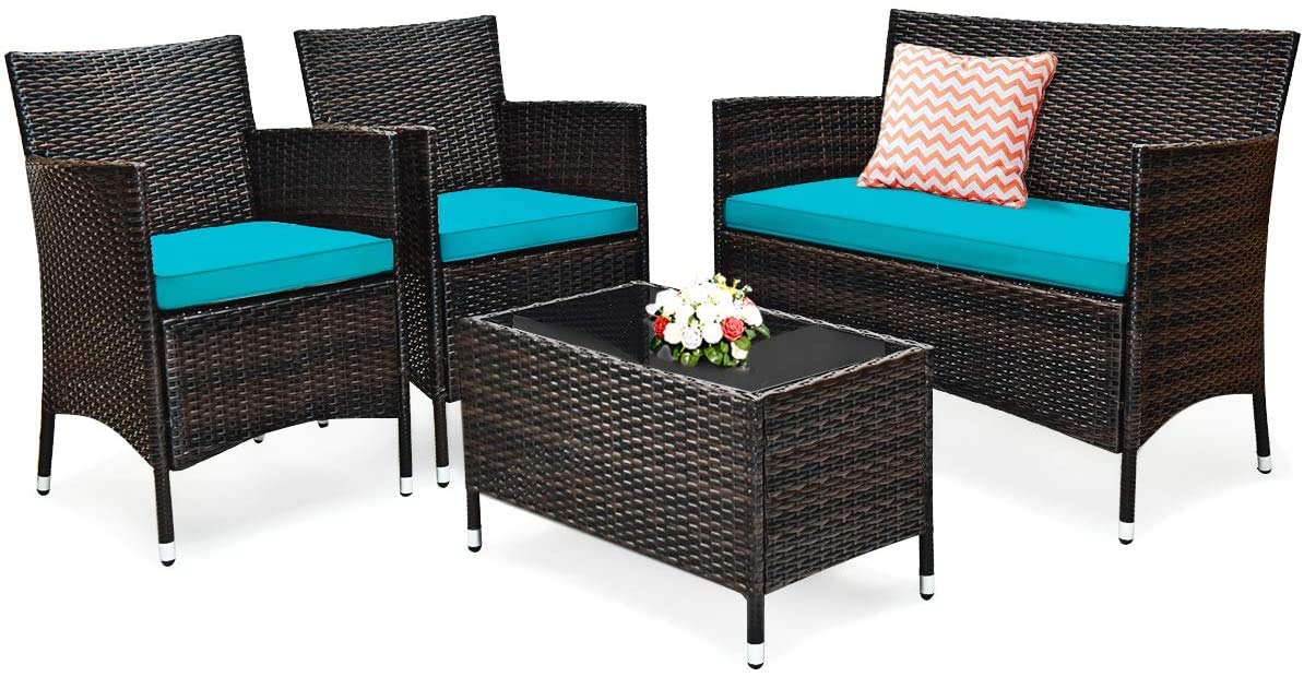 4-Piece Outdoor Rattan Furniture Set with Tempered Glass Coffee Table & Cushions - Modern Wicker Sofa Set for Patio, Backyard, Porch, Garden, Poolside (Blue) - Perfect for Relaxing, Entertaining & Outdoor Lounging