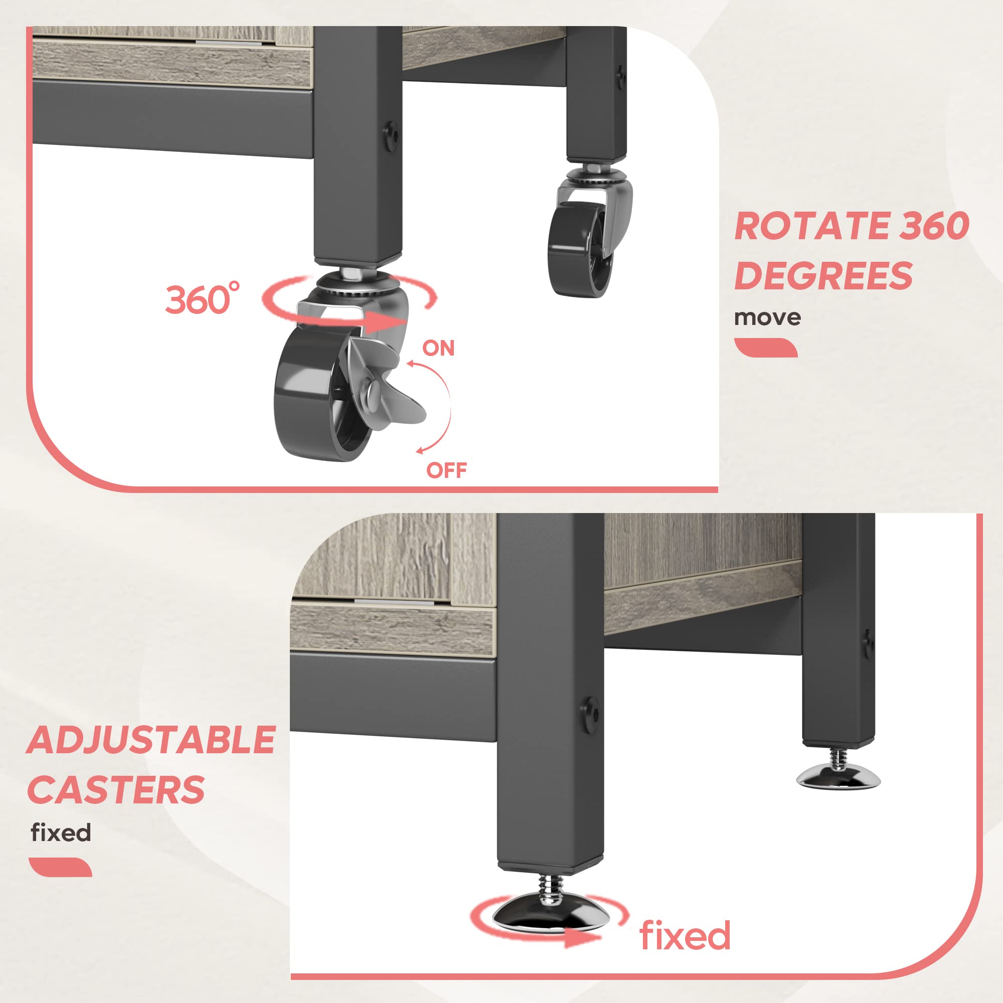 Bestier Adjustable Microwave Stand with Storage Cabinet - Industrial Rolling Kitchen Shelf with Wheels & Feet, 10 S-Hooks - Perfect for Small Kitchens, Coffee Bars & Baker's Racks (Grey Wash)
