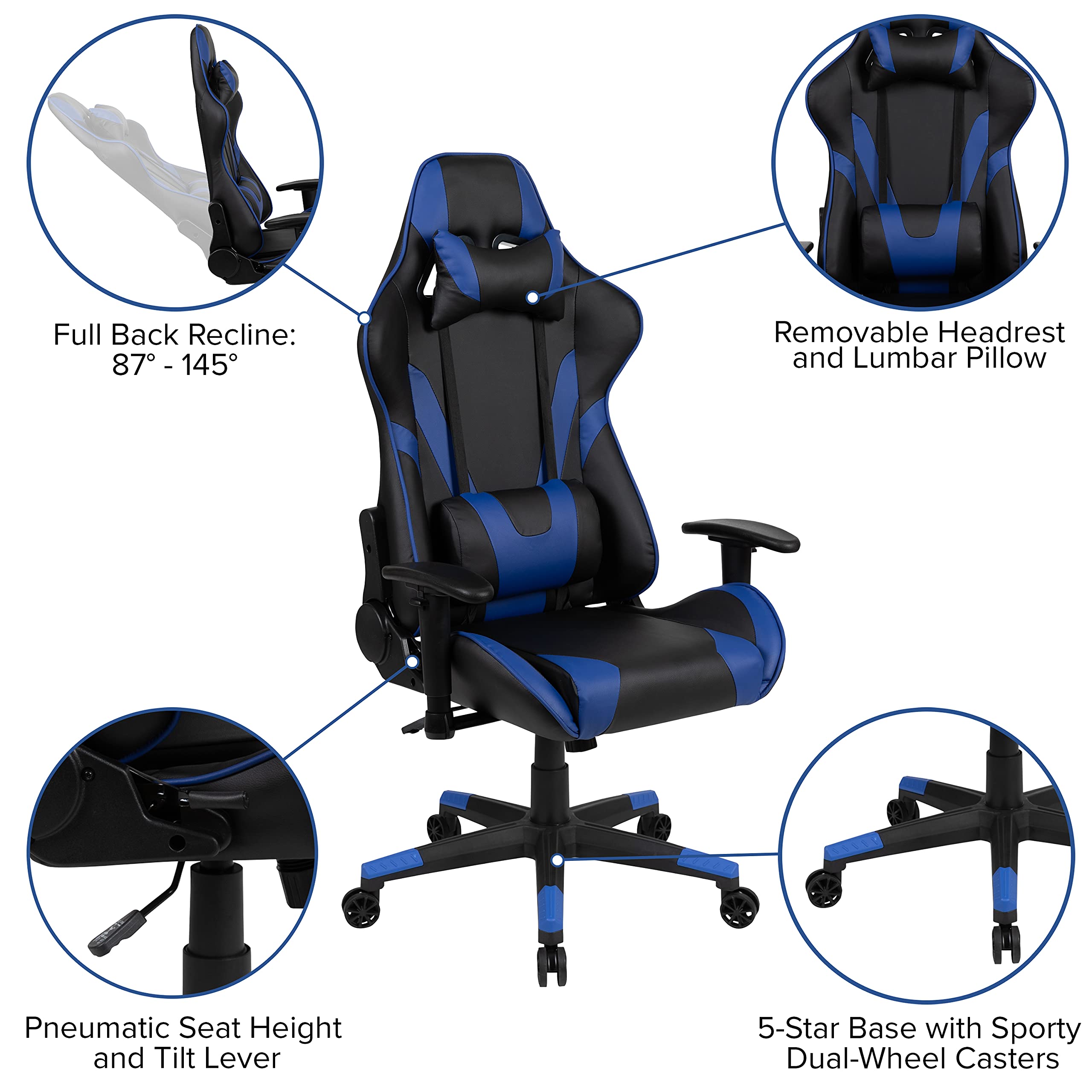 Black Gaming Desk and Blue/Black Ergonomic Gaming Chair Set with Cup Holder, Headphone Hook & Cable Management - Perfect for PC Gaming, Streaming & Home Office Setup