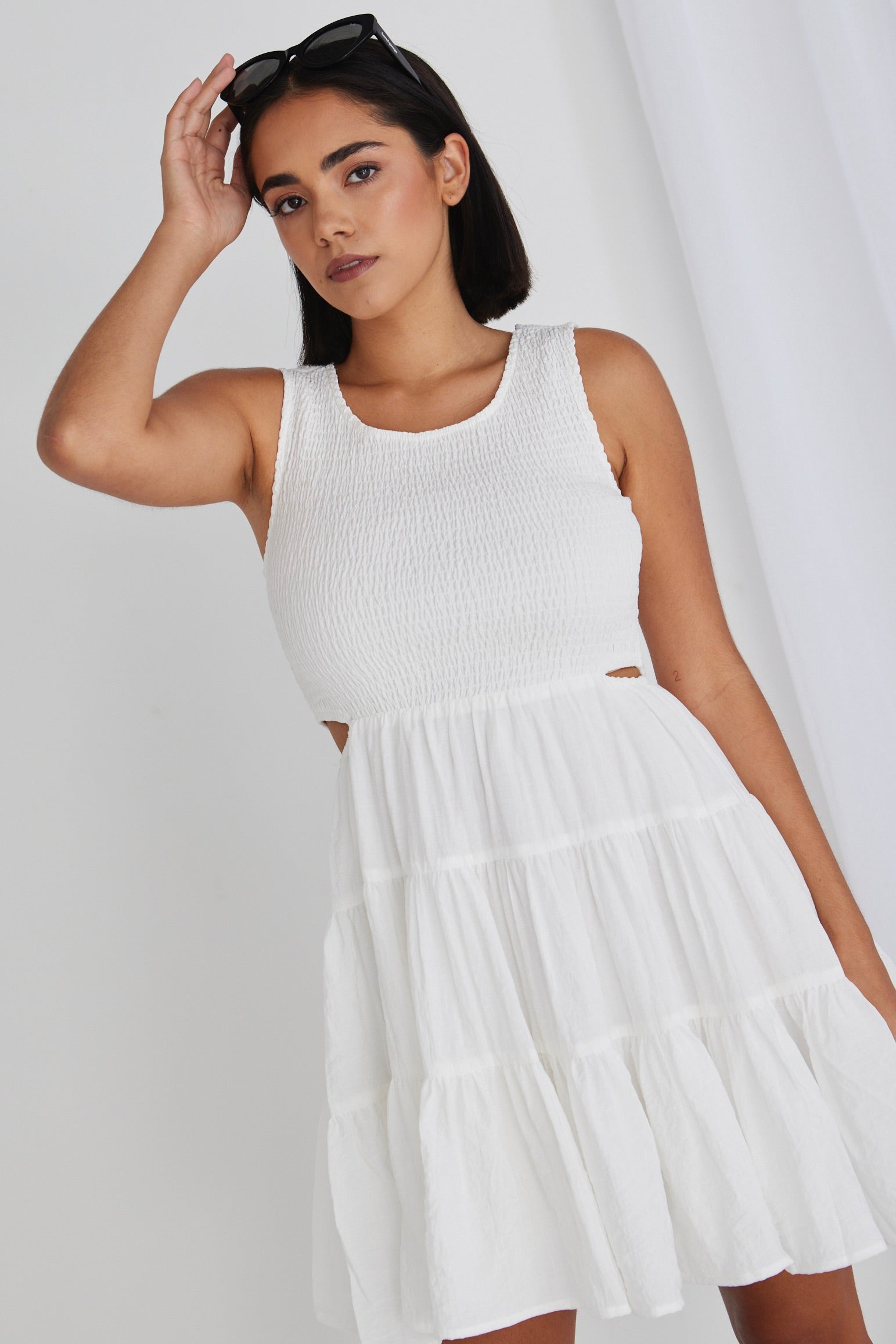 Harley White Sleeveless Waist Cut Out Tiered Mini Dress for Women | Sexy Summer Party Club Dress | Perfect for Night Out, Date Night & Beach Vacations