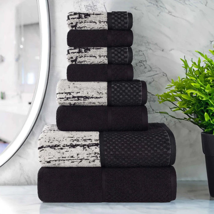 Premium 8-Piece Cotton Plush Jacquard Towel Set - Soft & Absorbent Solid & Two-Toned Bath Towels for Luxury Spa, Bathroom & Guest Use