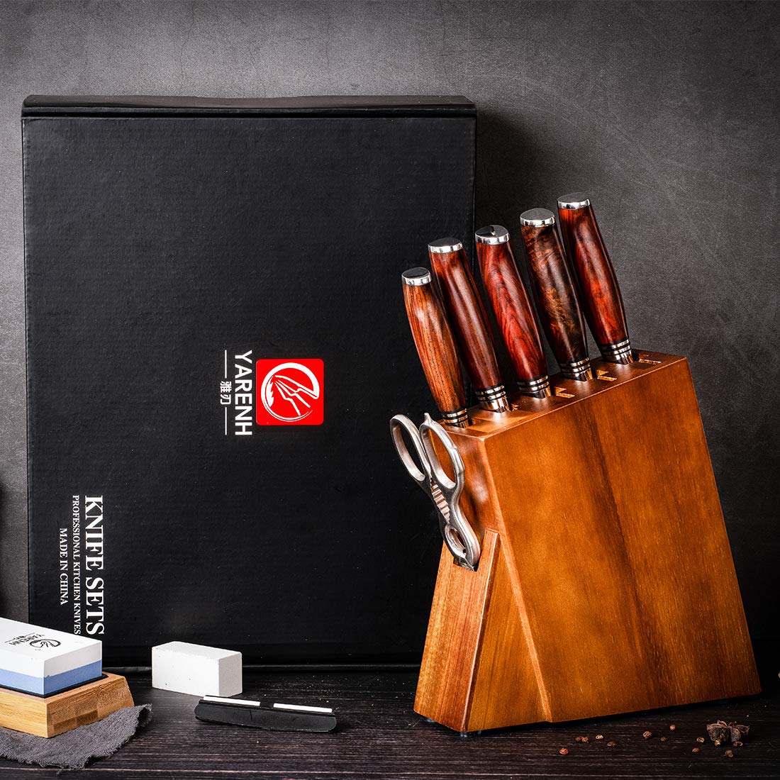 YARENH 8-Piece Professional Damascus Chef Knife Set - High Carbon Stainless Steel Blades, 73 Layers, Full Tang with Dalbergia Wood Handle & Walnut Block - Perfect for Home Cooking, Professional Kitchens & Culinary Gifts