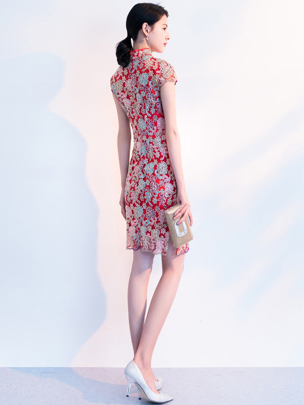 Elegant Red Floral Woven Midi Qipao Cheongsam Wedding Dress - Vintage Chinese Style Bridal Gown for Tea Ceremony, Engagement & Special Occasions