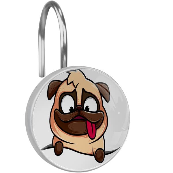12 PCS Cute Cartoon Pug Shower Curtain Hooks - Waterproof Printed Bathroom Decor for Kids & Adults - Perfect for Bathroom, Dorm, RV & Home Decoration