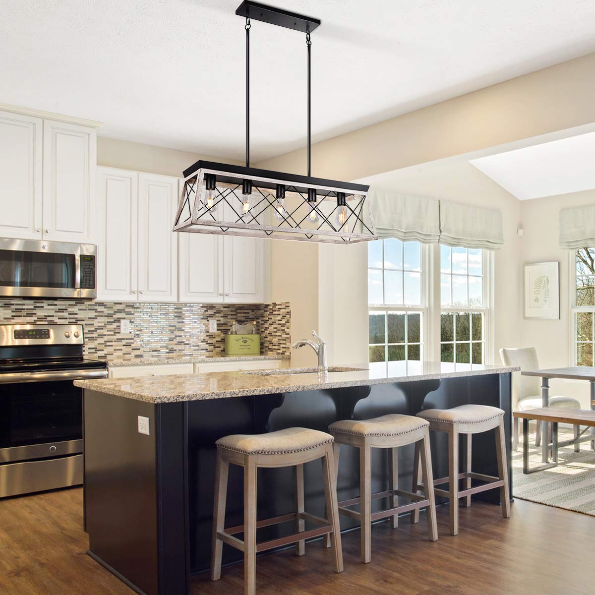 Rustic Farmhouse Kitchen Island Chandelier - 5-Light White Wood Finish Linear Hanging Light Fixture for Dining Room & Modern Kitchen | Perfect Over Table, Breakfast Nook & Bar Counter Lighting