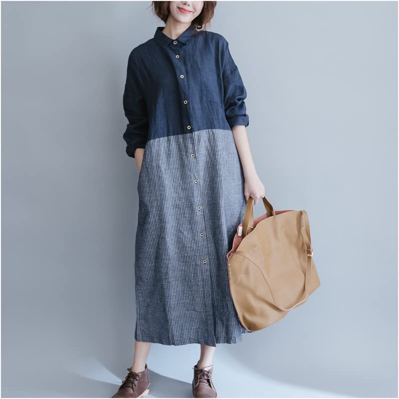 Oversized Women's Dresses - Loose Casual Vintage Contrast Color Shirts with Long Collar | Plus Size Boho Chic Dress for Summer, Beach, and Everyday Wear (Color: A, Size: L)