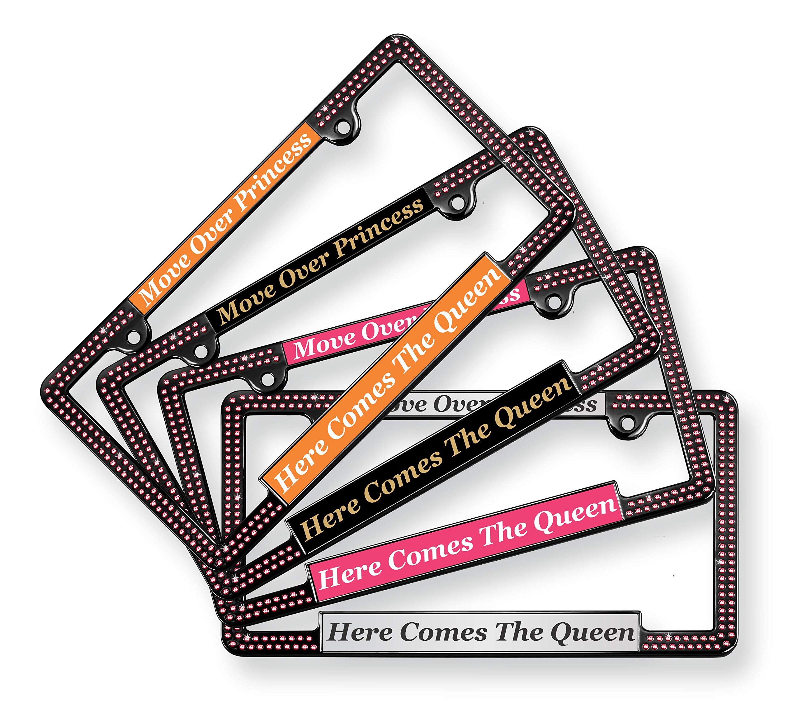 Custom Laser Engraved Black & Gold Metal License Plate Frame with Pink Crystals - Personalized Text Design, Free Caps - Perfect for Cars, Trucks, and Motorcycles