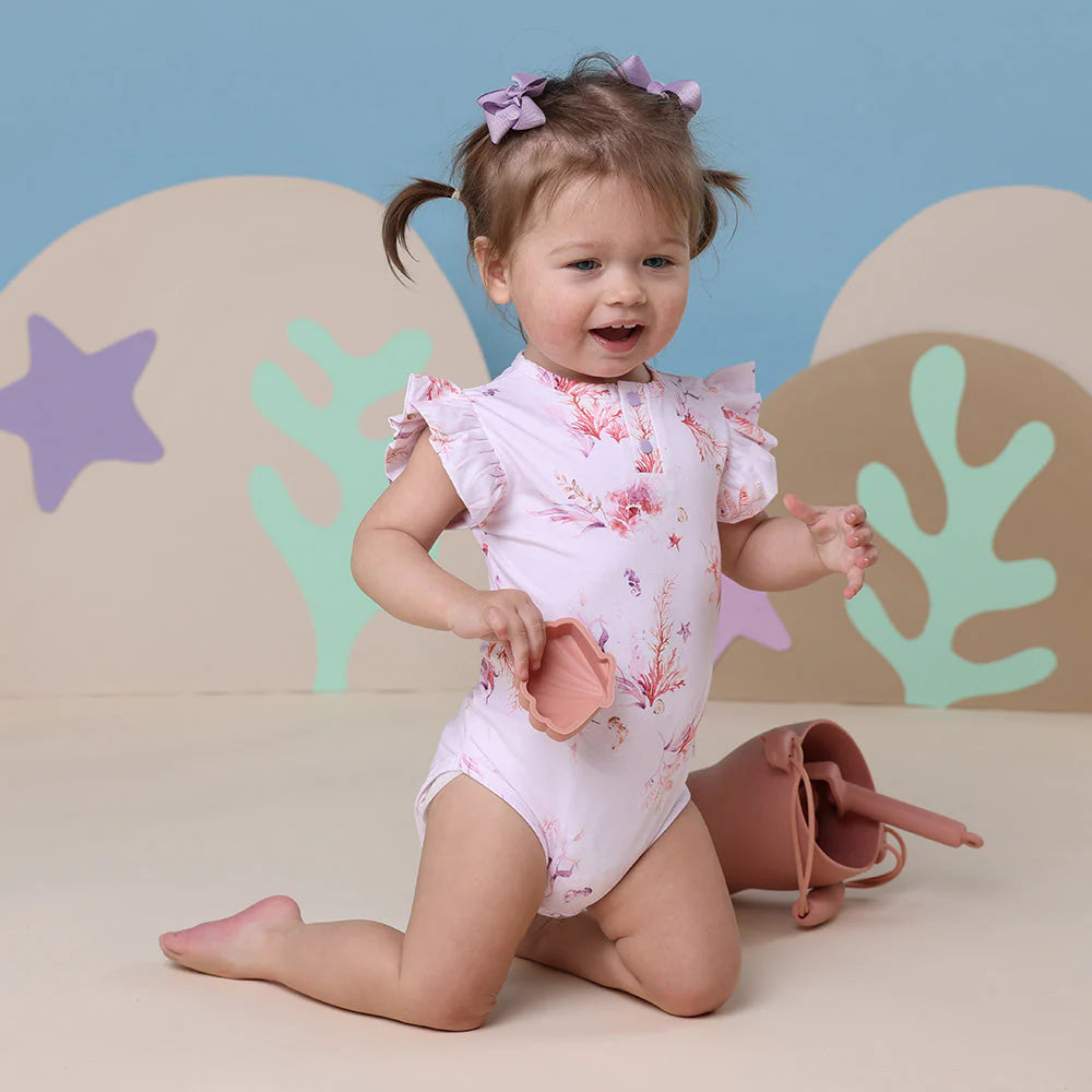 Organic Cotton Short Sleeve Frill Bodysuit for Babies - Coral | Soft & Comfortable Infant Onesie | Perfect for Playtime, Daycare & Photo Shoots