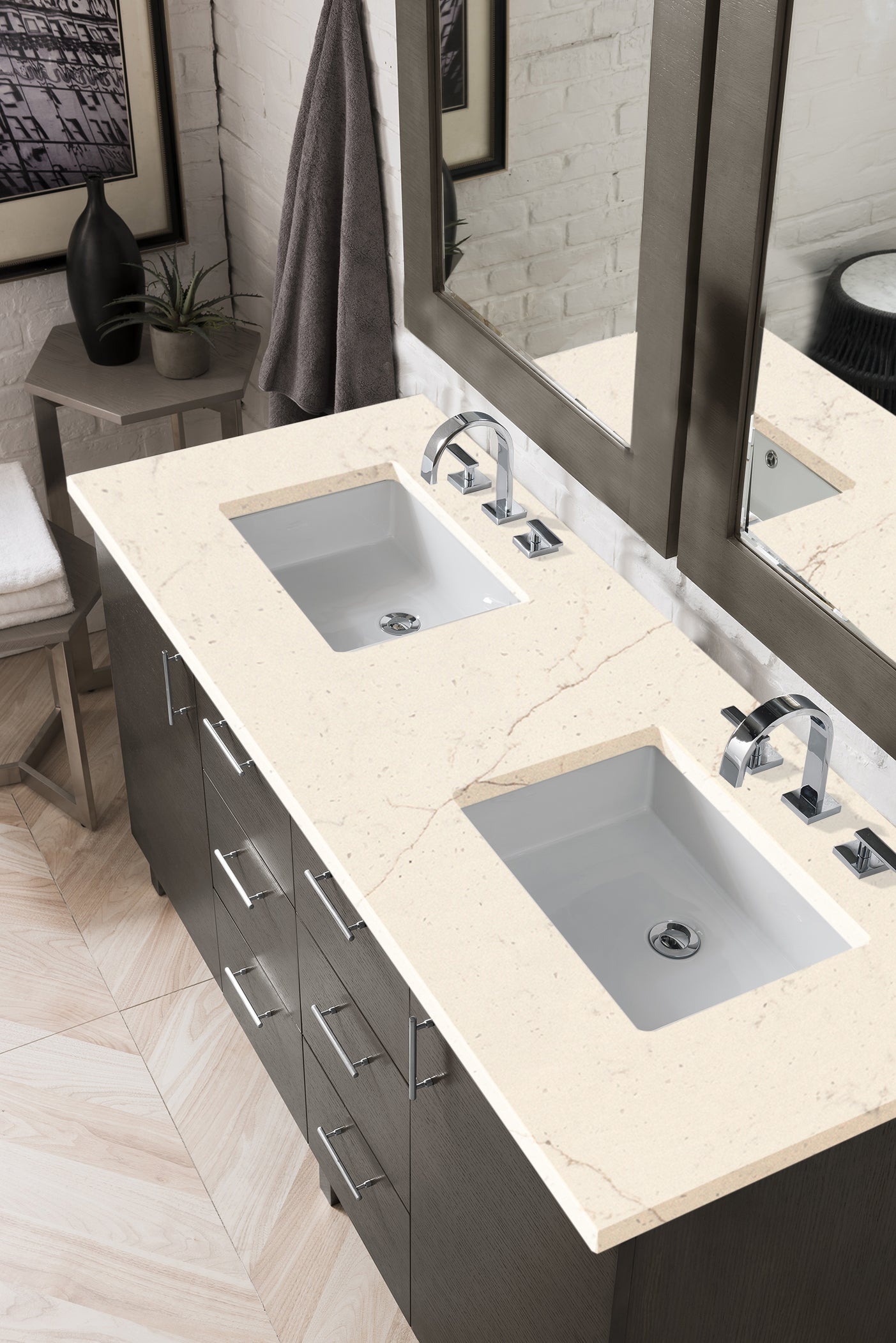Metropolitan 60 Inch Double Bathroom Vanity with 3CM Eternal Marfil Quartz Countertop in Silver Oak Finish - Perfect for Master Bathroom Renovation and Modern Home Decor