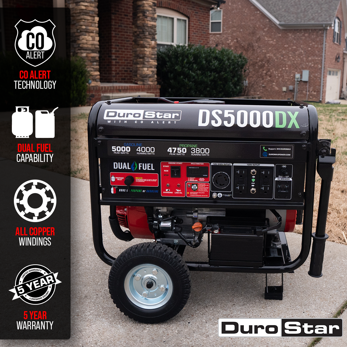 5,000 Watt Dual Fuel Portable Generator with CO Alert - Reliable Backup Power for Camping, Emergencies & Home Use