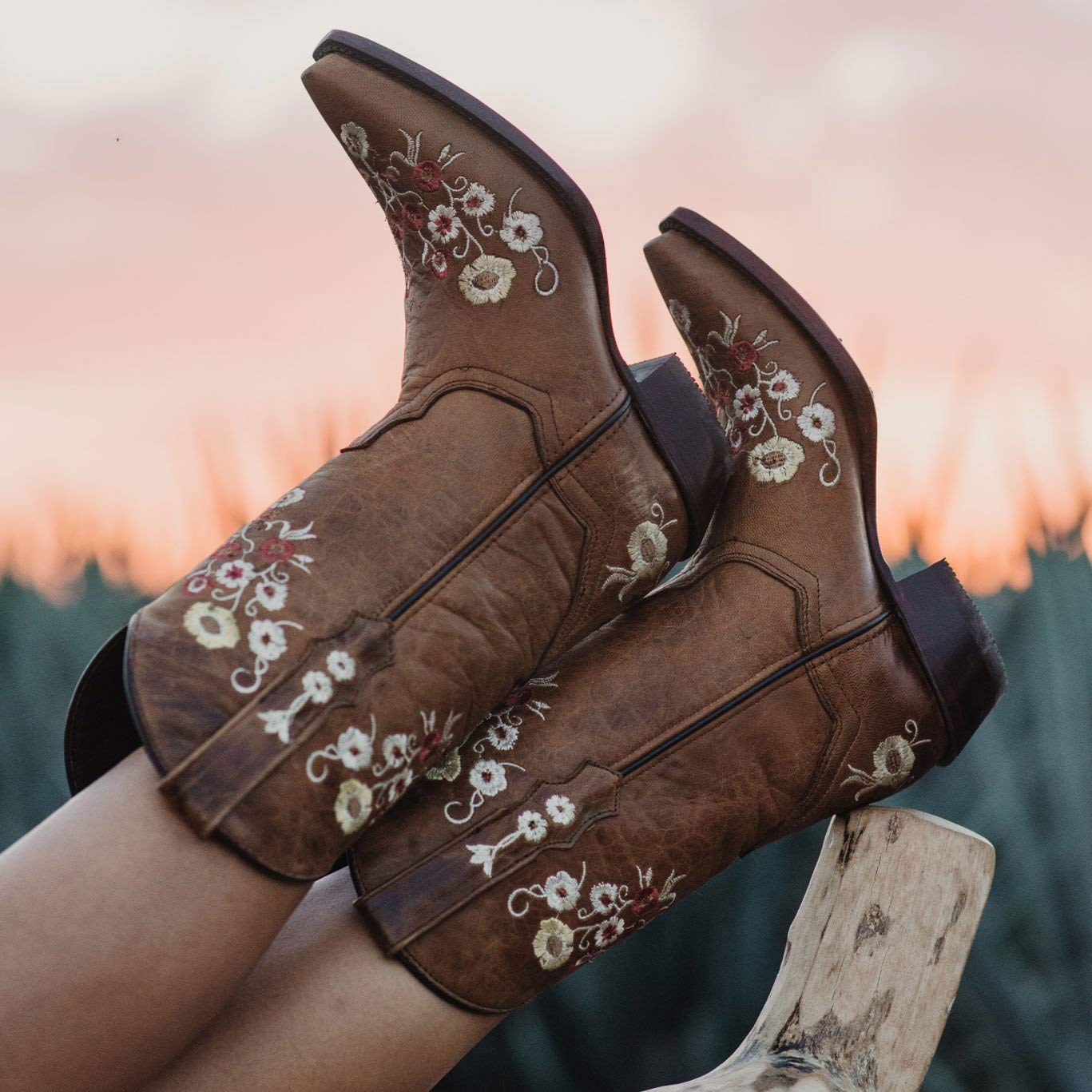 Soto Boots Women's Showstopper Snipped Toe Floral Cowgirl Boots – Genuine Leather Handcrafted Western Boots for Women | M50044 Tan | Perfect for Country Dancing, Rodeos & Western Fashion