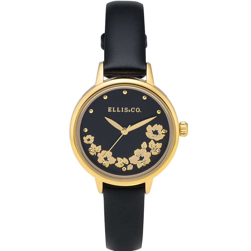 Ellis & Co Women's Rosy Floral Black Leather Watch - Elegant Fashion Accessory for Everyday Wear & Special Occasions