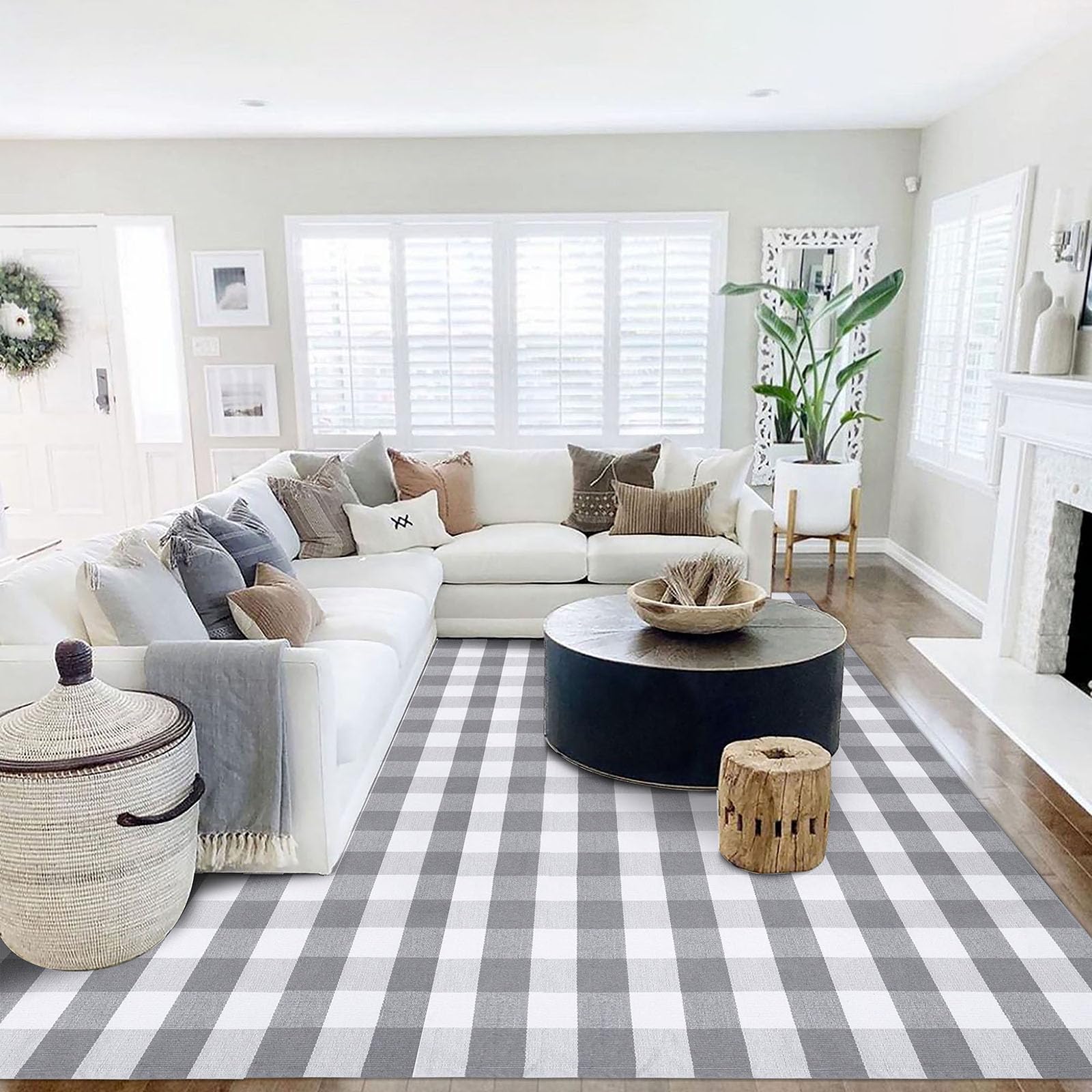 KOZYFLAY Buffalo Plaid Area Rug 8x10 Feet - Gray and White Checkered Washable Cotton Rug for Living Room, Bedroom, Dining Room, Patio - Farmhouse Style Indoor Outdoor Carpet for Home Decor & Cozy Spaces