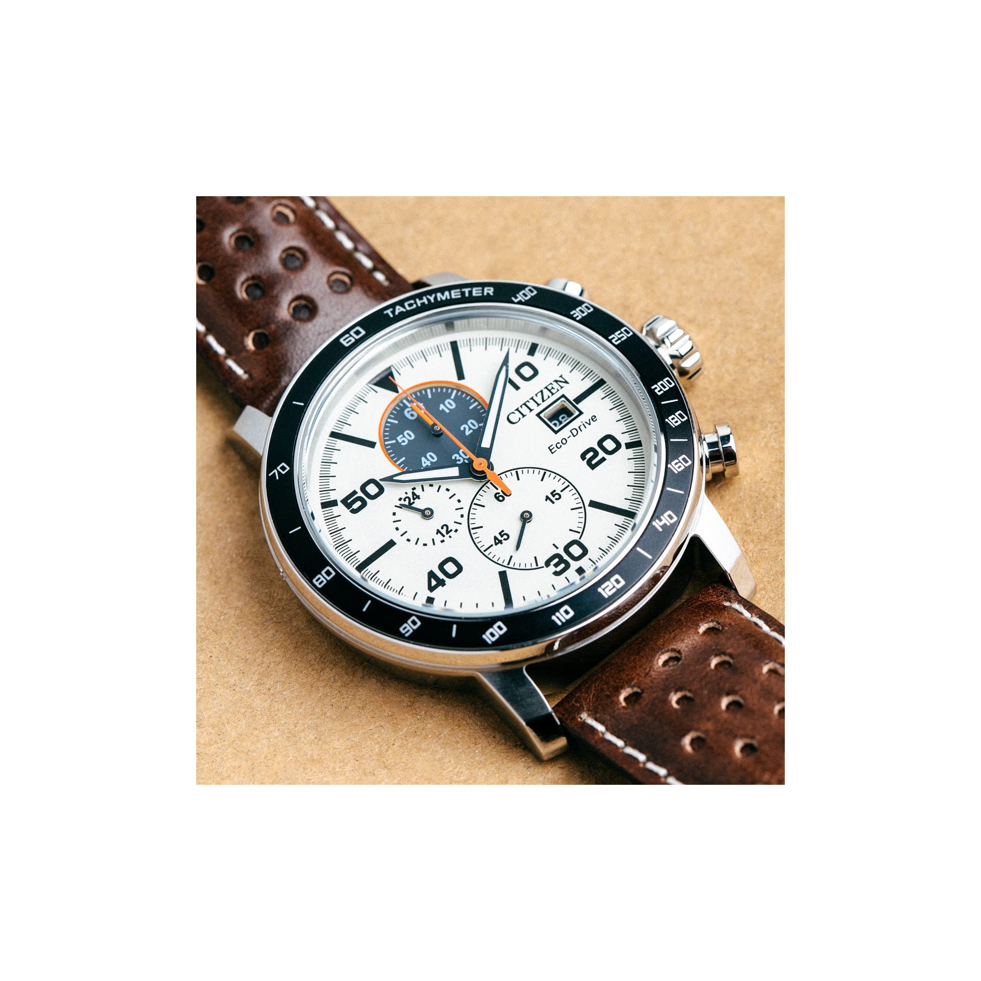 Citizen Men's Eco-Drive Weekender Brycen Chronograph Watch - Stainless Steel Case, Brown Leather Strap, Ivory Dial (Model CA0649-06X) | Solar Powered, Water Resistant | Perfect for Business, Casual & Outdoor Activities