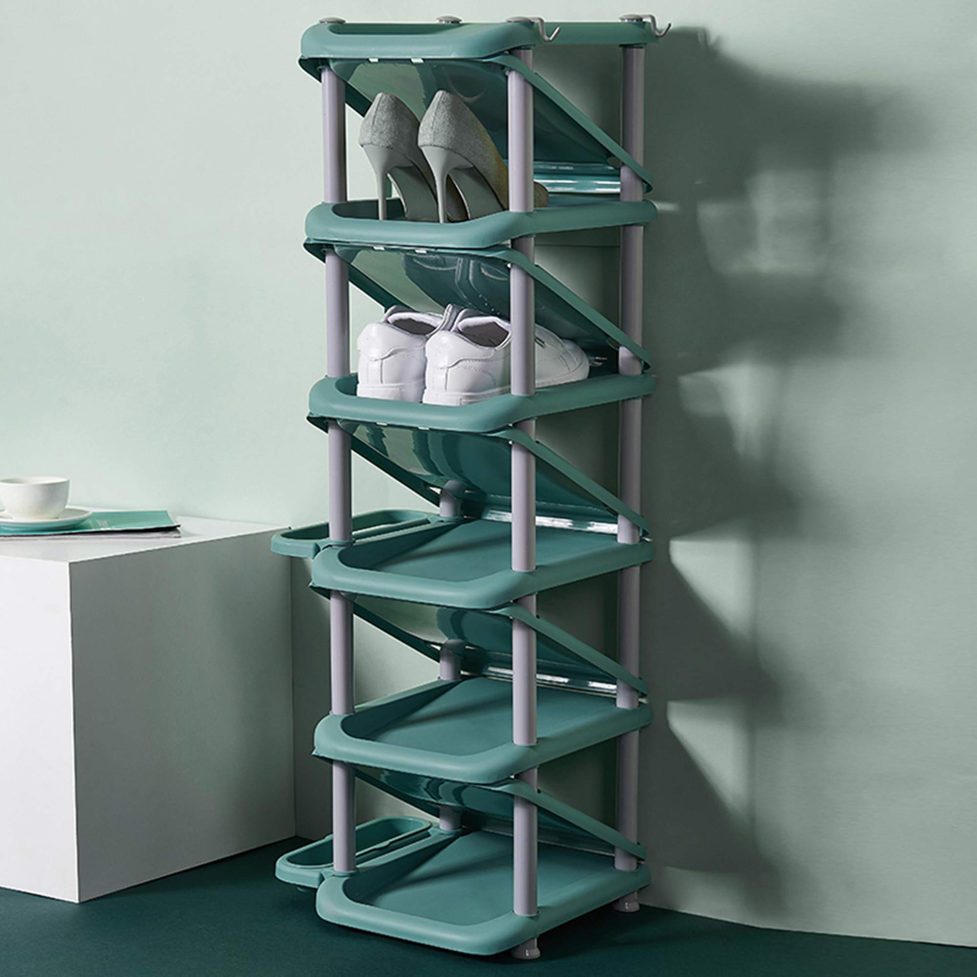 HBIAO 4-Tier Portable Shoe Rack Organizer - Free Standing Shoe Storage Shelf with Hooks & Umbrella Tray - Space Saving Shoe Cabinet for Bedroom, Living Room, Hallway, Office - Dark Green - Perfect for Small Spaces & Closet Organization