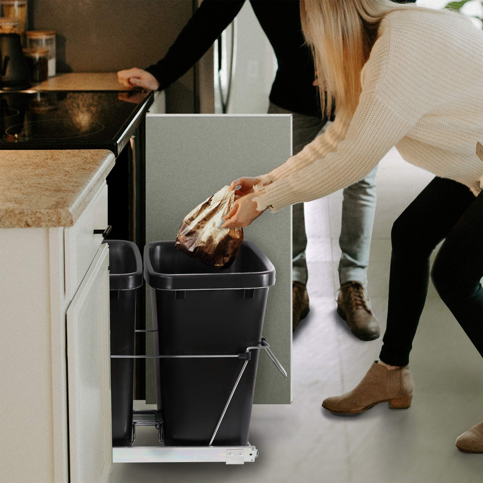 35 Quart Double Sliding Pull-Out Trash Can for Under Kitchen Cabinets - Black Waste Bin with Recycle Container | Perfect Under-Sink Garbage Solution for Home Kitchen Organization & Easy Waste Disposal