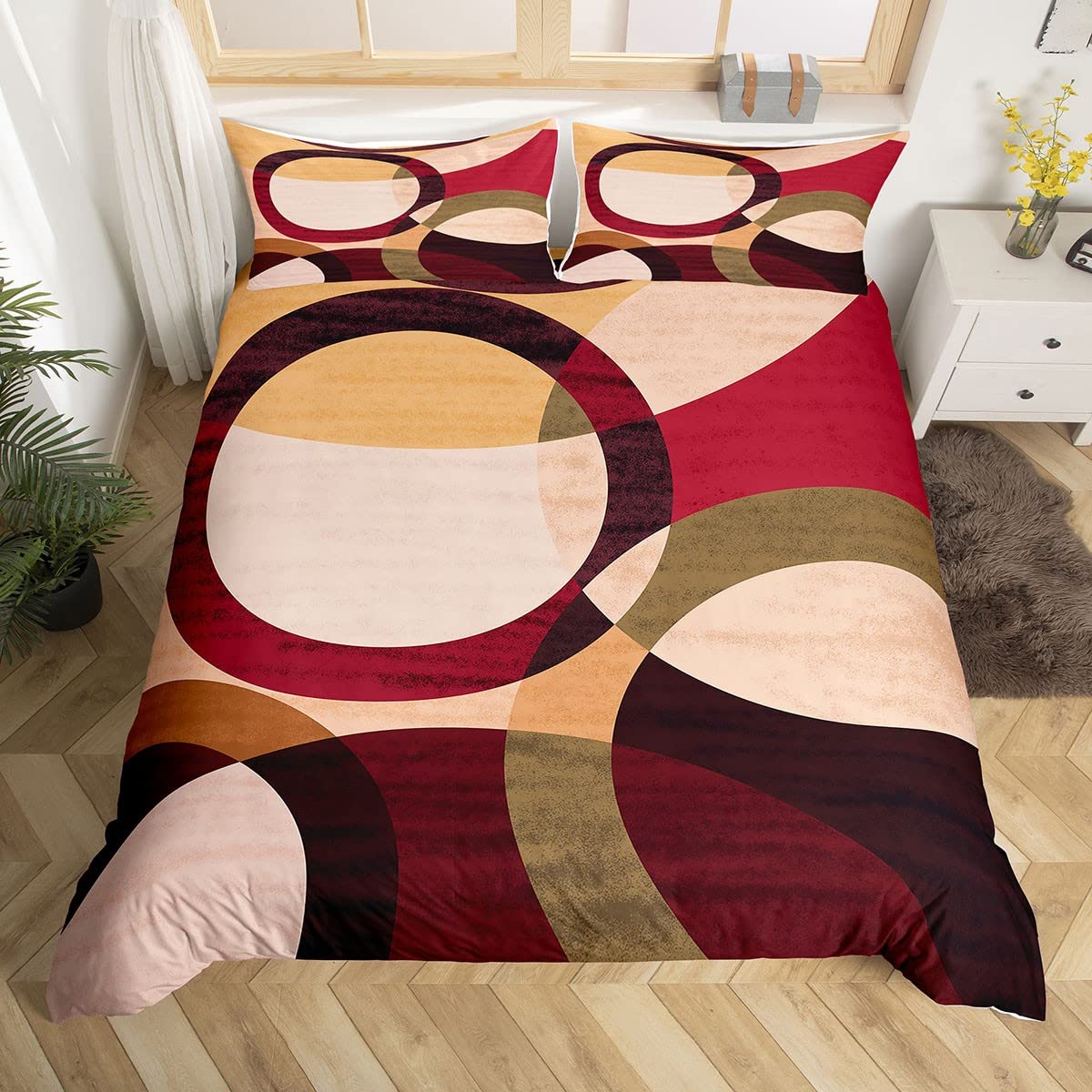 Soft Red Brown Geometric Duvet Cover Set - Twin Size Oval Line Pattern Bedding (2pc) with Pillowcase for Kids, Teens & Adults | Modern Home Decor for Bedroom, Dorm & Guest Room