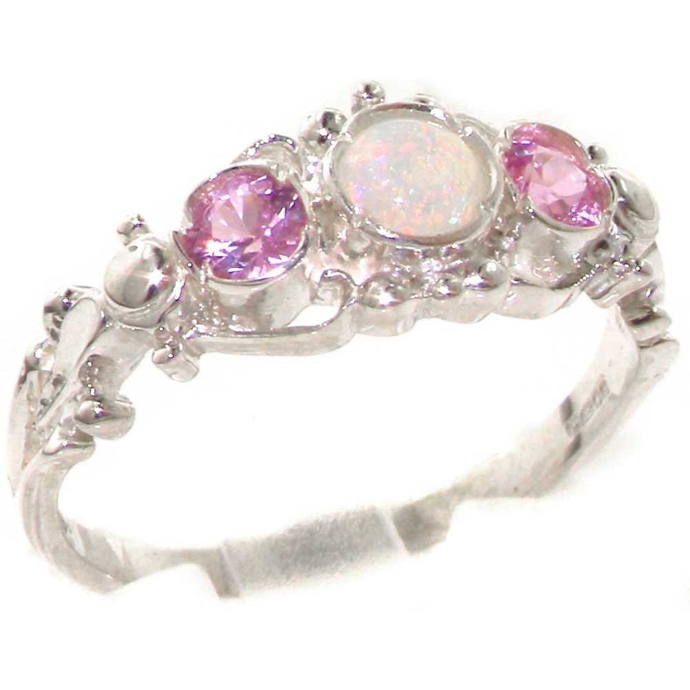 10K White Gold Genuine Opal & Pink Tourmaline Women's Band Ring - Elegant Stackable Ring for Wedding, Anniversary & Everyday Wear - LetsBuyGold