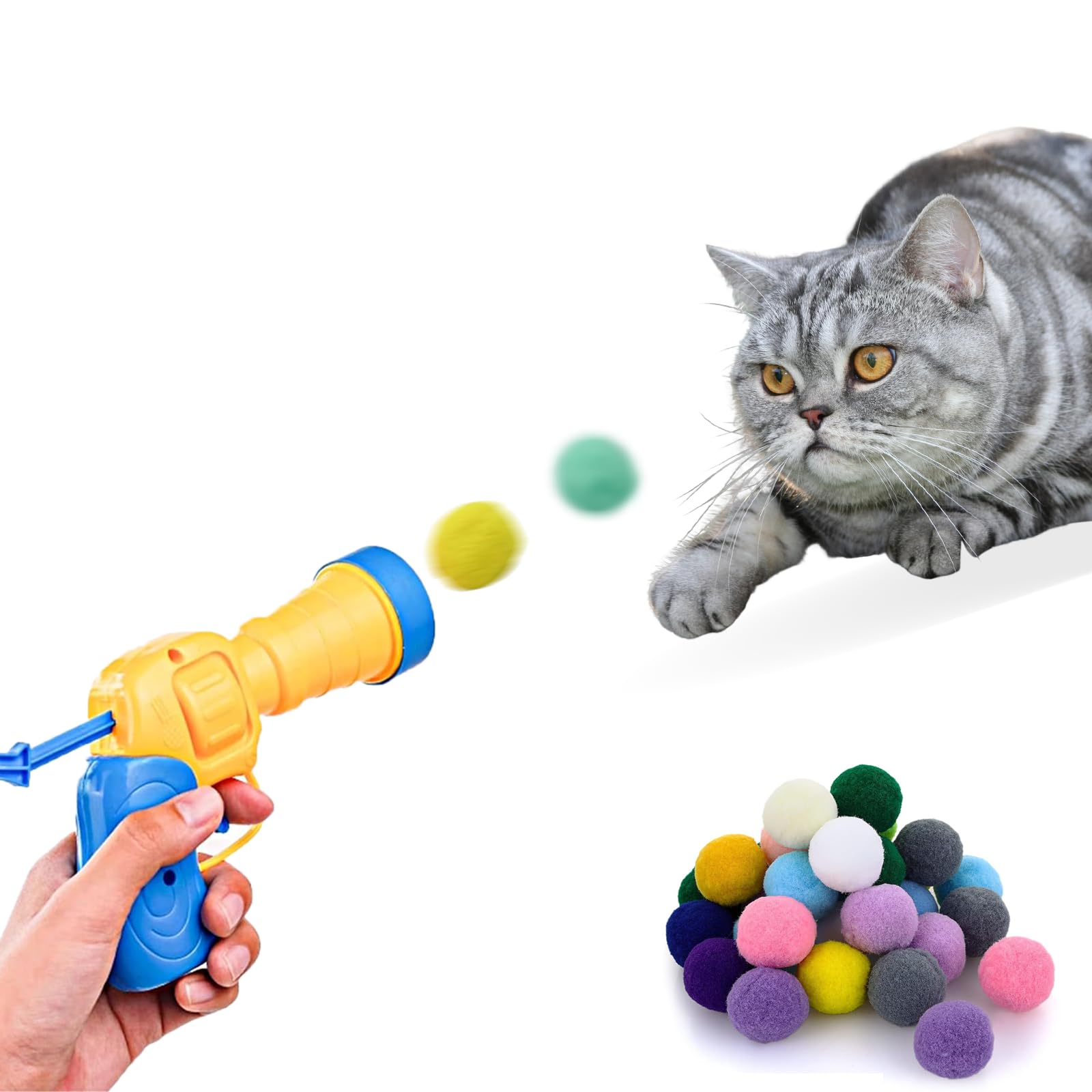 Interactive Cat Toys Ball with Launcher - 48Pcs Pom Pom Balls for Indoor/Outdoor Kitten Play, Fun Foam Ball Shooting Game - Perfect for Exercise, Boredom Relief & Bonding with Your Feline Friend