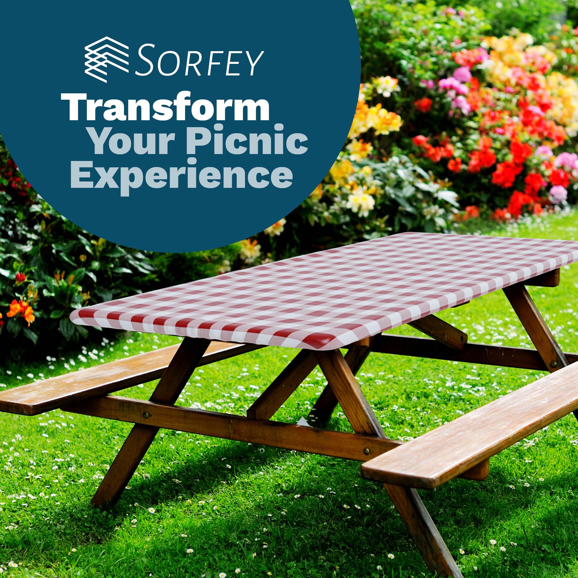 Sorfey Waterproof Picnic Table Cover - Elastic Fitted Vinyl with Flannel Back, Fits 96
