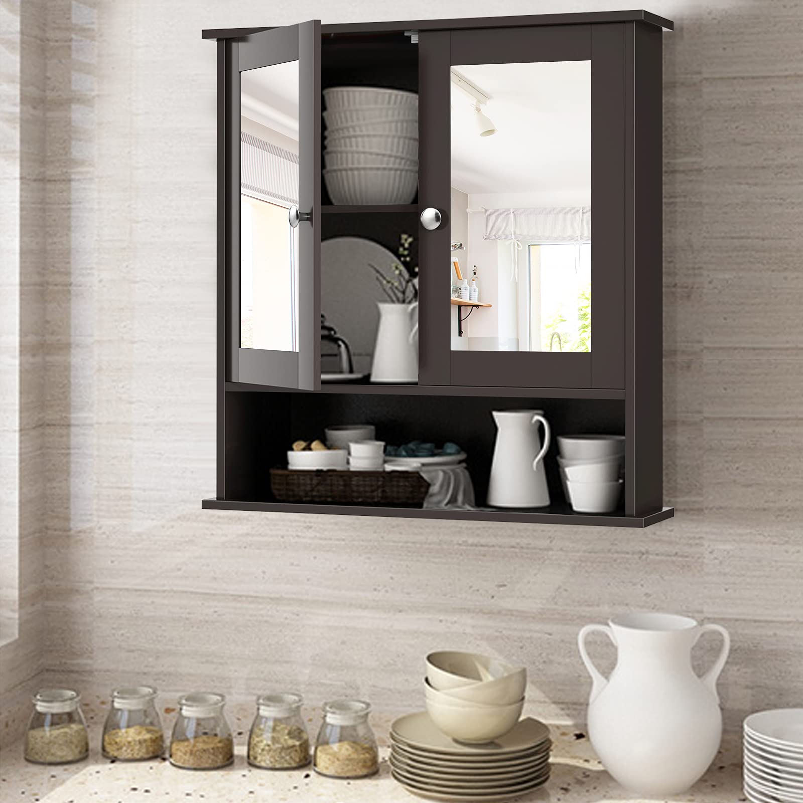 Giantex Espresso Wooden Bathroom Wall Cabinet with 2 Mirror Doors & Adjustable Shelf - Hanging Medicine Storage Organizer for Bathroom, Bedroom or Entryway - Wall Mounted Mirror Cabinet for Toiletries & Essentials