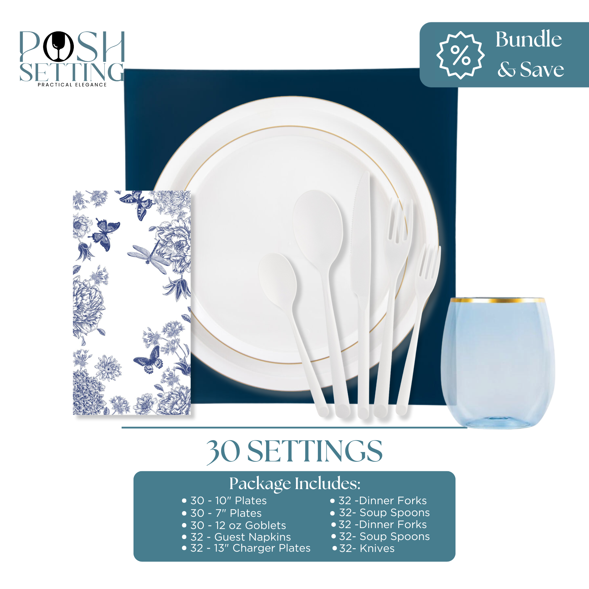 Premium Disposable Plastic Party Bundle - Pearl White & Blue (30 Settings) | Elegant Tableware for Weddings, Birthdays & Special Events