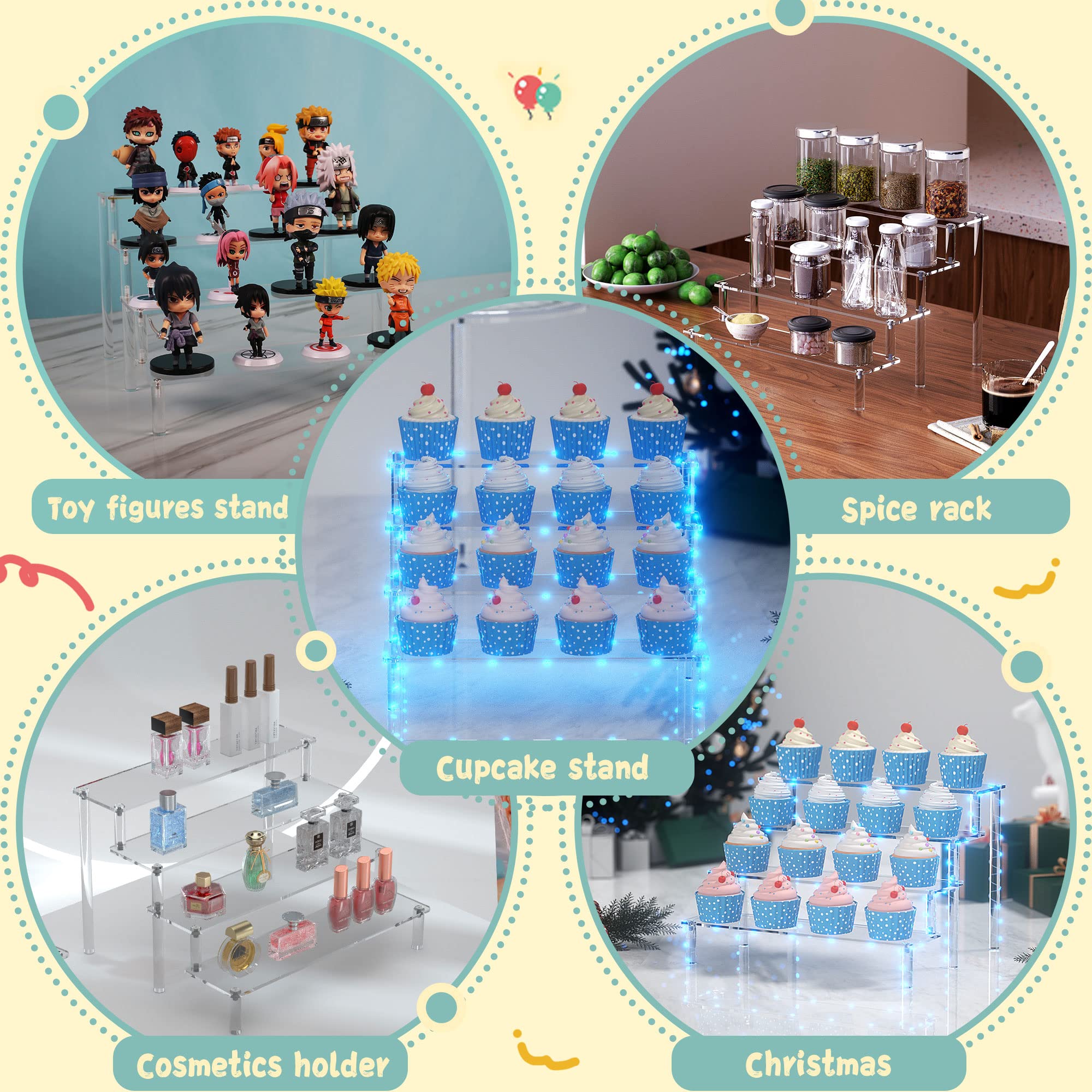 4-Tier Acrylic Riser Display Shelf with Blue LED Lights - Perfect Cupcake Stand, Dessert Display, Cake Pop Holder for Thanksgiving, Parties & Events - Great for Showcasing Cosmetics, Glassware, Figurines & Home Decor