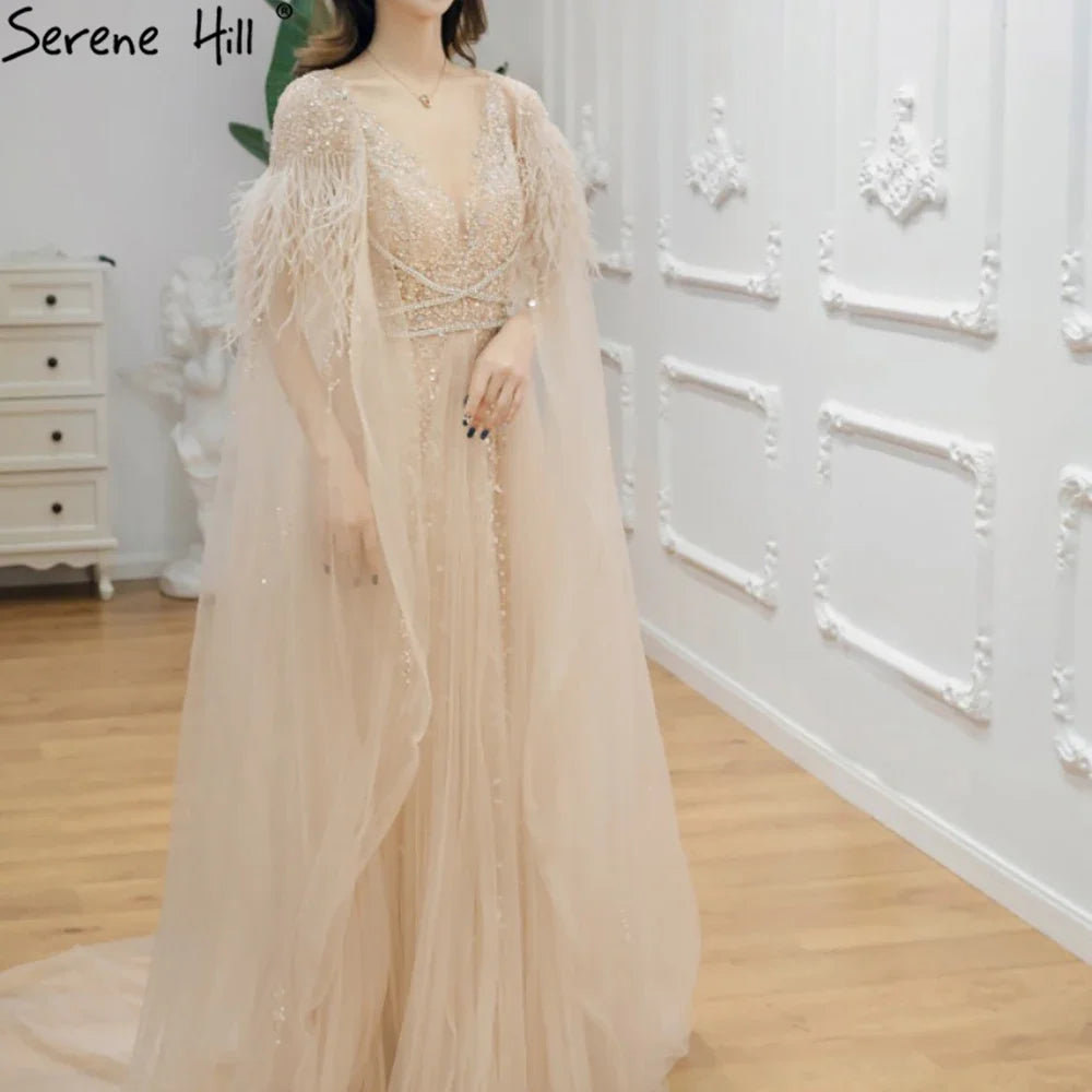Luxury Dubai Grey Evening Formal Dress with Feather Cape Shawl - Gold Arabic Women's Wedding Party Gown LA70640 | Elegant Long Gown for Bridal, Red Carpet & Special Occasions