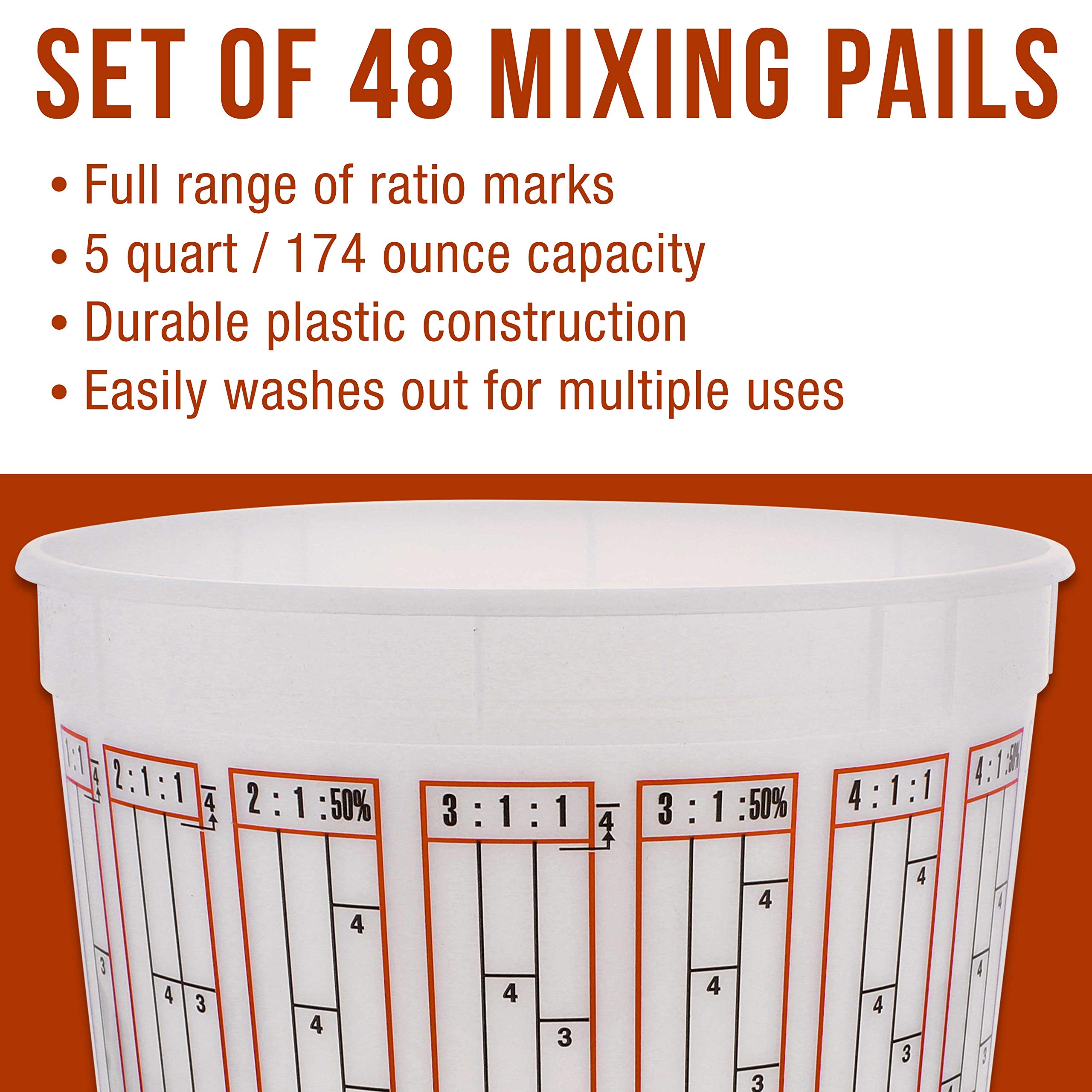 Custom Shop Paint Mixing Cups - 174oz (5-Quart) Plastic Measuring Buckets for Epoxy Resin, Automotive Painting & Crafts - Disposable/Reusable Graduated Cups with Mixing Ratios - Pack of 48 - Perfect for DIY Projects, Art Studios & Professional Auto Shops