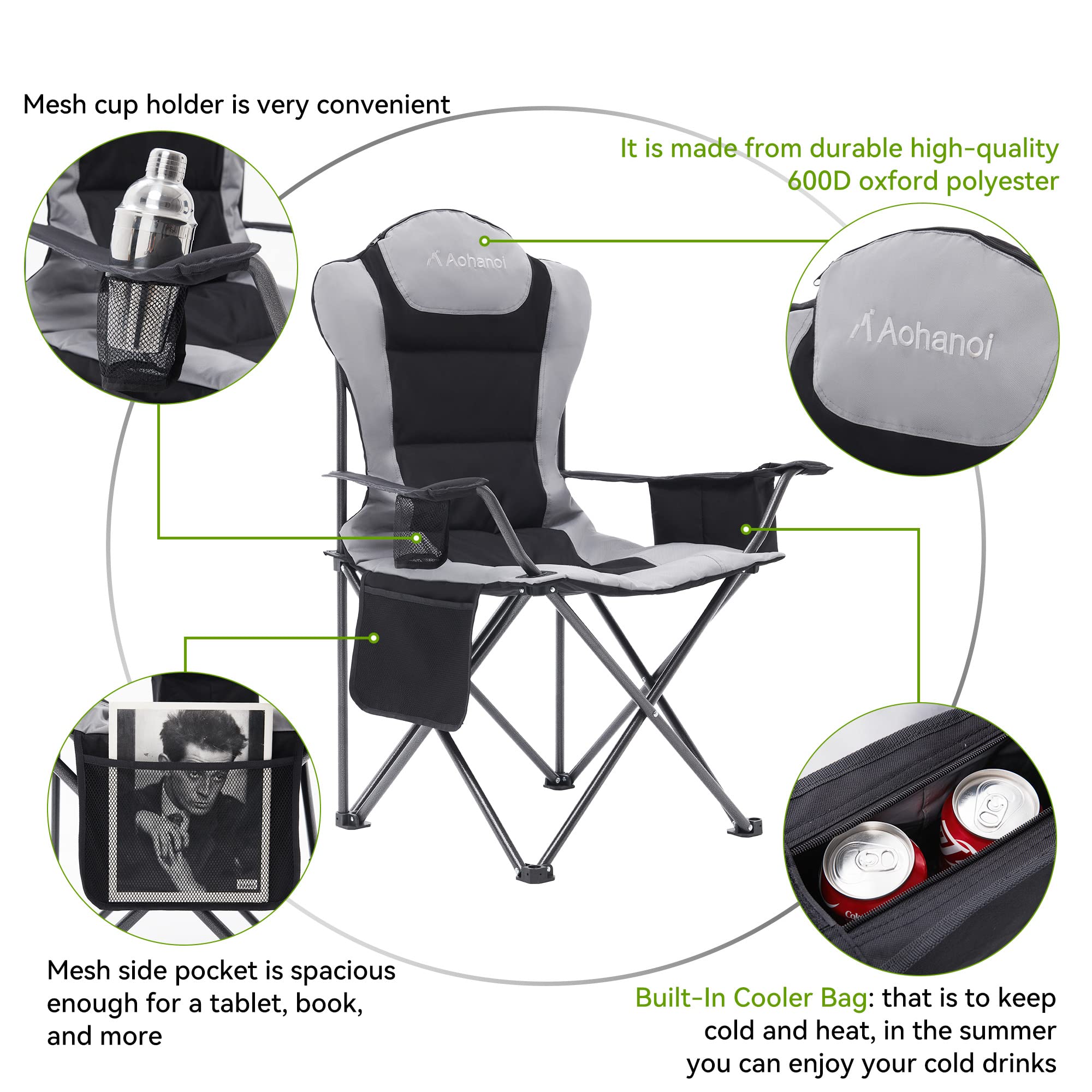 **Heavy Duty Camping Chairs for Adults - 300lbs Capacity Folding Outdoor Chairs with Cup Holder & Cooler Bag - Portable & Sturdy for Camping, Beach, Picnics, Backyard, and Tailgating (Black, 1 Pack)**