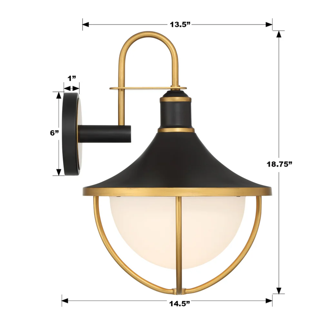 Atlas 1 Light Outdoor Wall Sconce - 13.5x18.75 Inch Matte Black Stainless Steel with Textured Gold Finish & Glass Shade - 120V E26 Medium Base LED Bulb Socket - Weatherproof Exterior Lighting for Patio, Garden, Porch, and Entryway