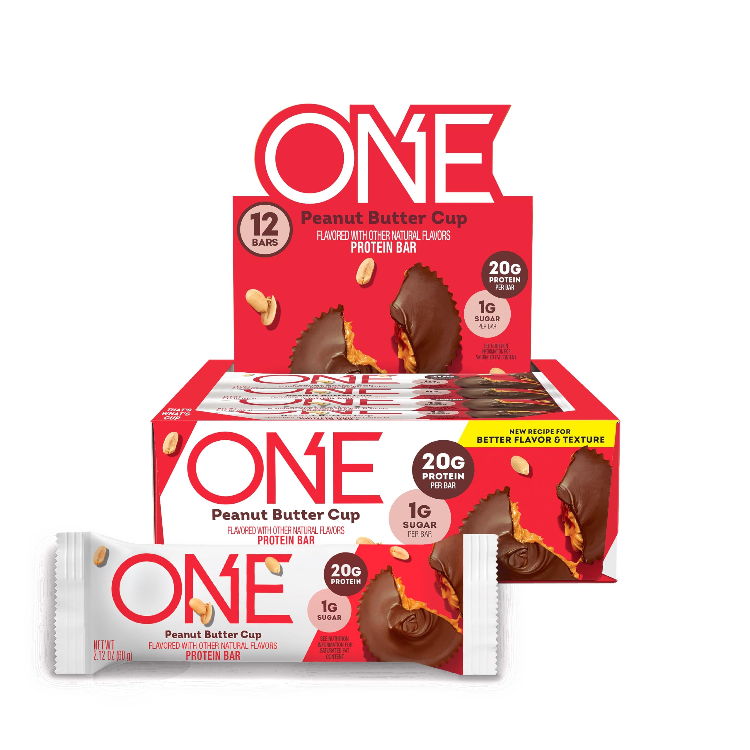 ONE Protein Bars, Peanut Butter Cup - Gluten Free, 20g Protein, 1g Sugar - Healthy Snacks for Weight Loss & Muscle Building - Perfect for Gym, Hiking & On-the-Go Nutrition (12 Count, 2.12 oz Each)