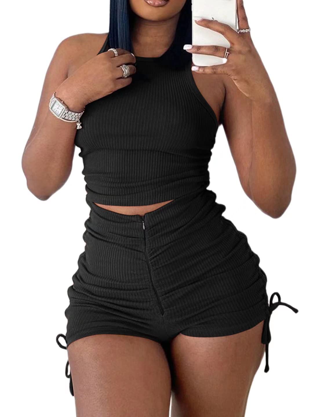 Women's 2 Piece Summer Outfit Set - Sleeveless Crop Top & High Waisted Ruched Shorts Bodycon Set | Casual Beachwear, Vacation Outfits, Street Style Fashion