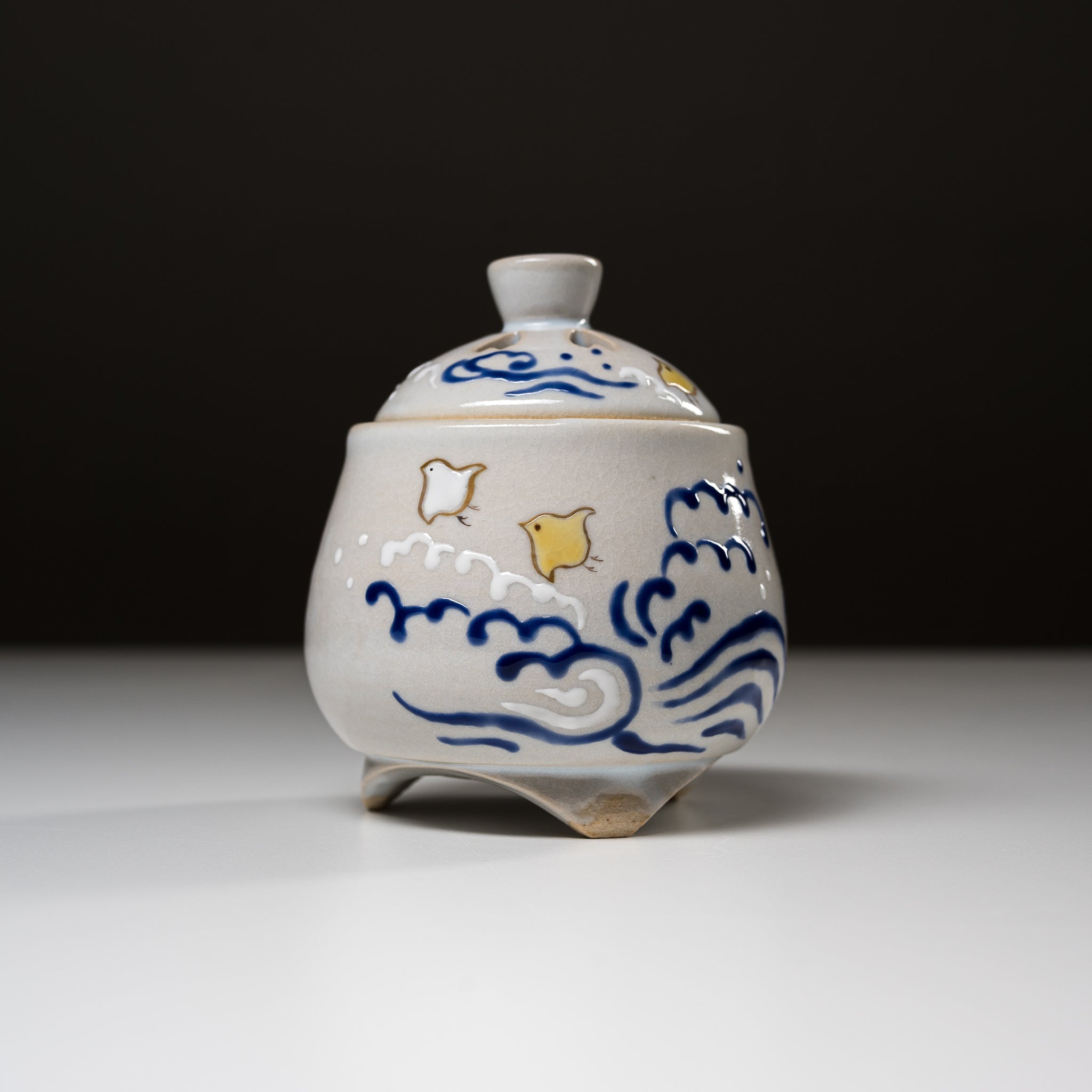 Minoru Ando Kyoto Kiyomizu Ware Incense Burner - Handcrafted Wave Plover Design for Meditation & Home Decor | Perfect for Zen Spaces, Yoga Rooms & Relaxation
