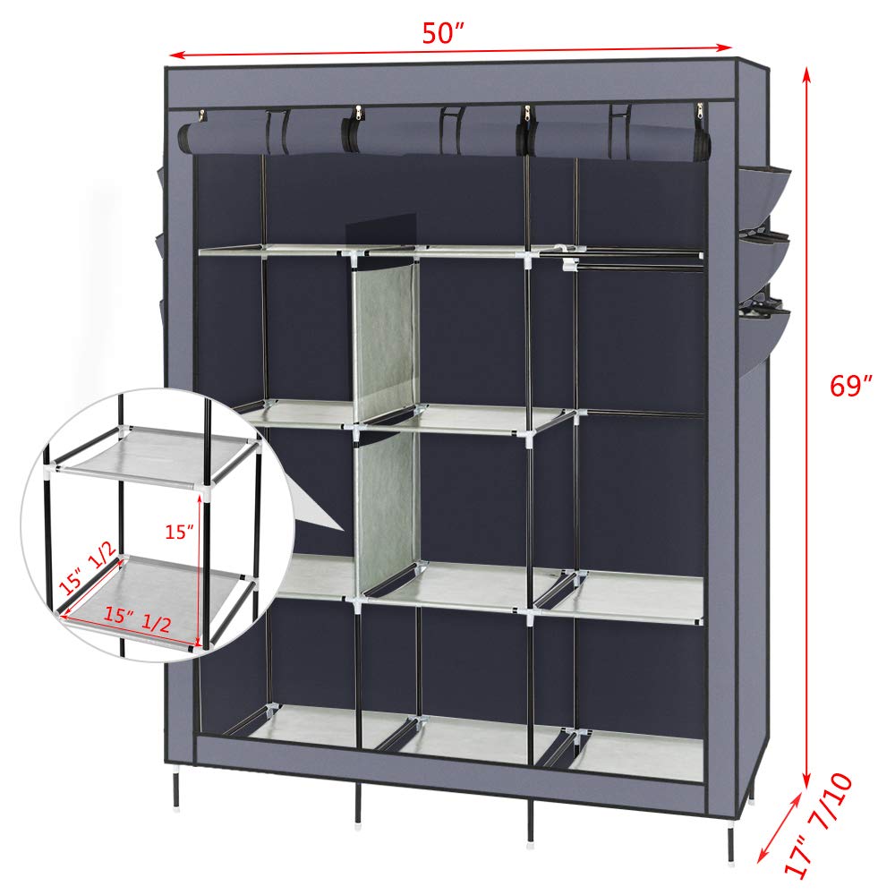 69 Inch Portable Clothes Closet Wardrobe Storage Organizer with Non-Woven Fabric - Quick Assembly, Heavy Duty & Durable for Closet Organization (Gray) - Perfect for Bedroom, Dorm, Apartment & Small Spaces