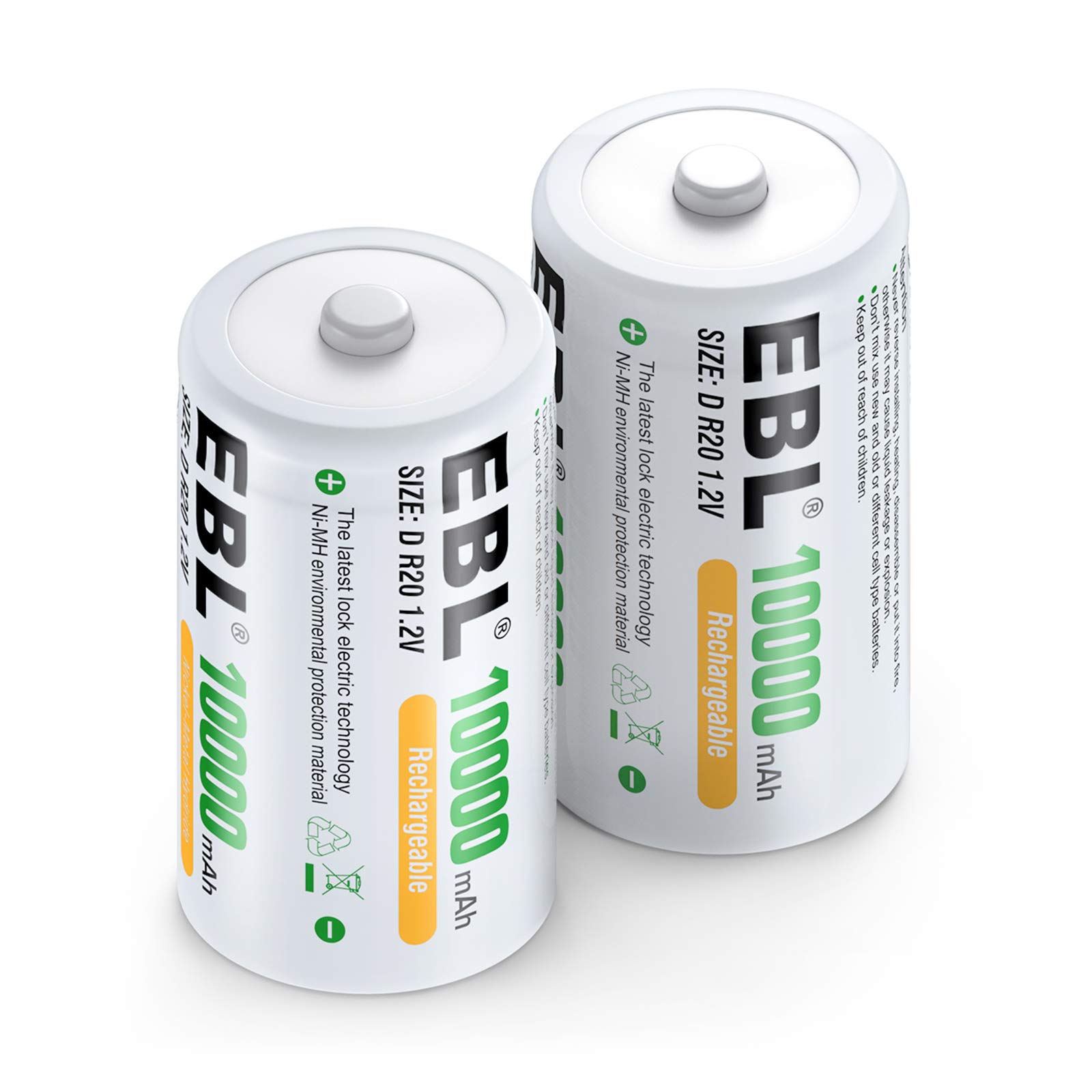 EBL D Size Rechargeable Batteries 10000mAh NiMH - 2 Pack High Capacity D Cell Batteries for Flashlights, Toys, Remote Controls & Emergency Devices