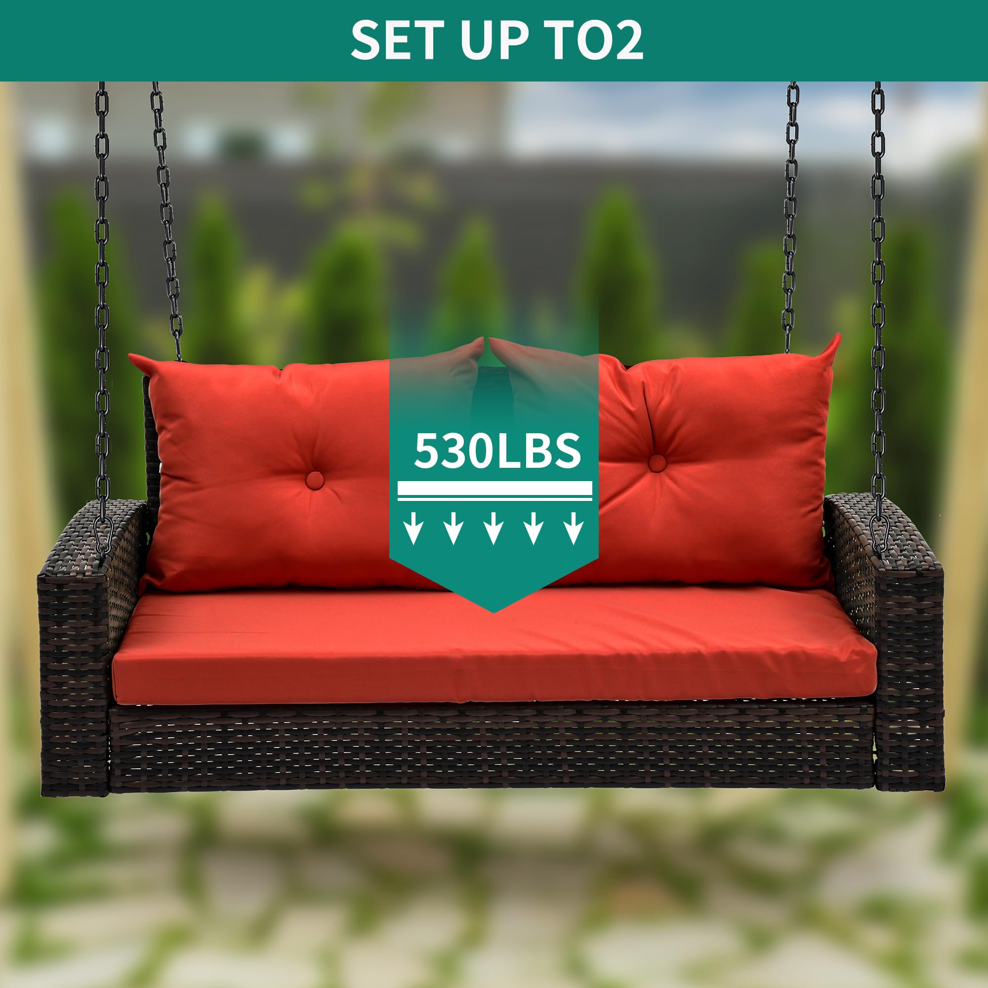 YITAHOME Outdoor Wicker Hanging Swing Chair - Brown Rattan Patio Swing with 2 Cushions, 530lbs Weight Capacity - Perfect for Garden, Balcony, Porch & Living Room - Relaxing Lounge Chair for Reading & Napping