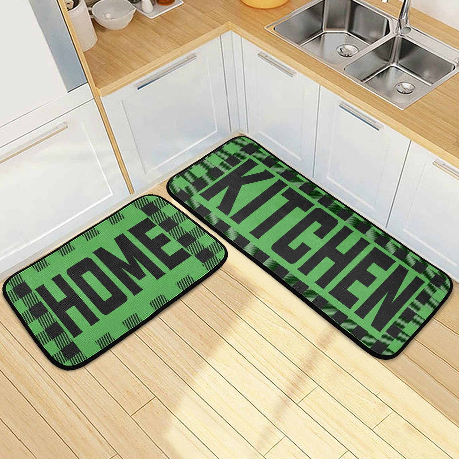 Buffalo Plaid Checked Green & Black Anti-Fatigue Kitchen Mat Set of 2 - Non-Slip Cushioned Heavy Duty Foam Runner Rugs for Farmhouse, Laundry & Standing Comfort - Perfect for Kitchens, Mudrooms & Entryways