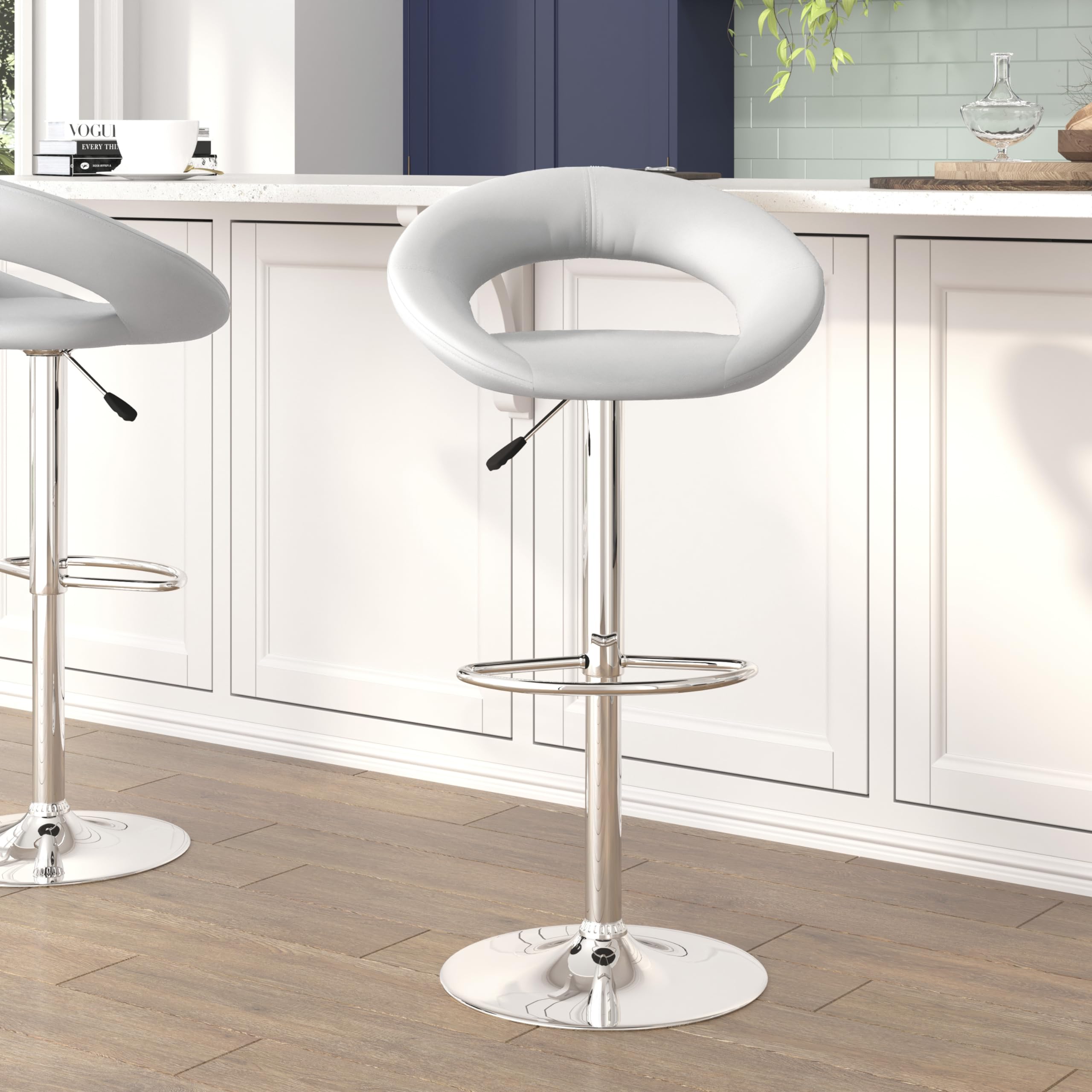 Flash Furniture Anthony 2-Pack White Vinyl Adjustable Height Bar Stools with Chrome Base - Modern Orbit-Style Back Design for Kitchen Island, Breakfast Bar & Home Decor