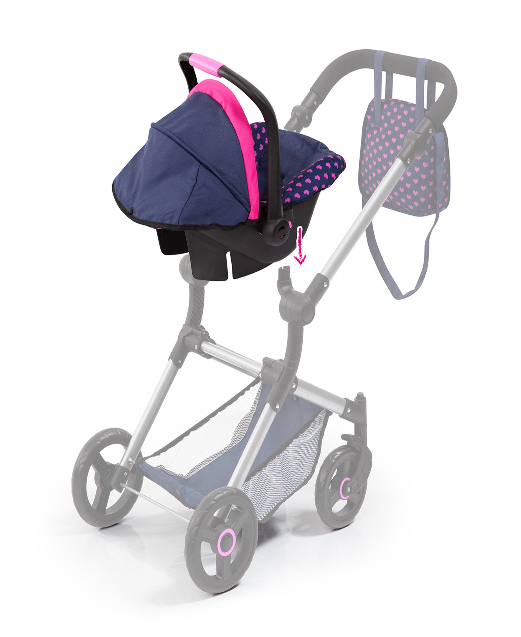 Bayer Design Deluxe Doll Car Seat with Canopy - Blue & Pink Baby Doll Carrier for Girls, Perfect for Pretend Play, Travel & Nursery Role Play