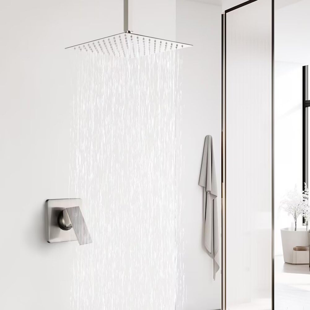Brushed Nickel Ceiling Mount Shower Faucet Set - 10 Inch Rainfall Shower Head System with Single Handle Mixer Trim Kit & Rough-in Valve for Modern Bathroom | Perfect for Spa-Like Experience & Luxury Home Renovation