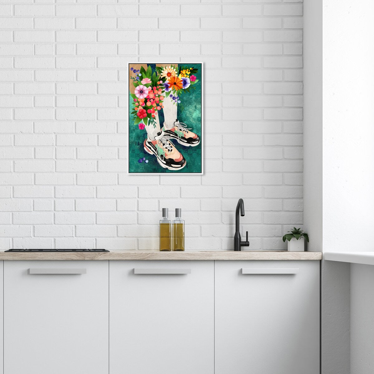 Stylish Floral Sneakers & Socks Set with Modern Green Framed Canvas Wall Art - Perfect for Bedroom Decor and Fashion Outfits | Home & Fashion Combo
