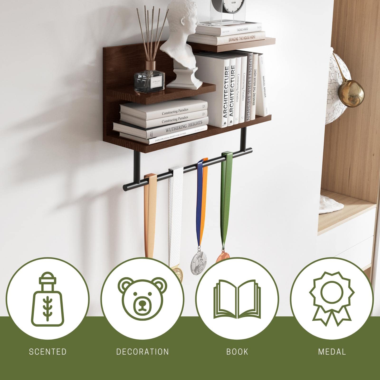 3-Tier Floating Shelf with Towel Bar - Wall Mounted Bathroom Storage Shelf for Towels & Decor - Space Saving Organizer for Kitchen, Bedroom, Living Room - 24 Inch White Wooden Shelf - Perfect for Small Bathrooms & Apartment Decor