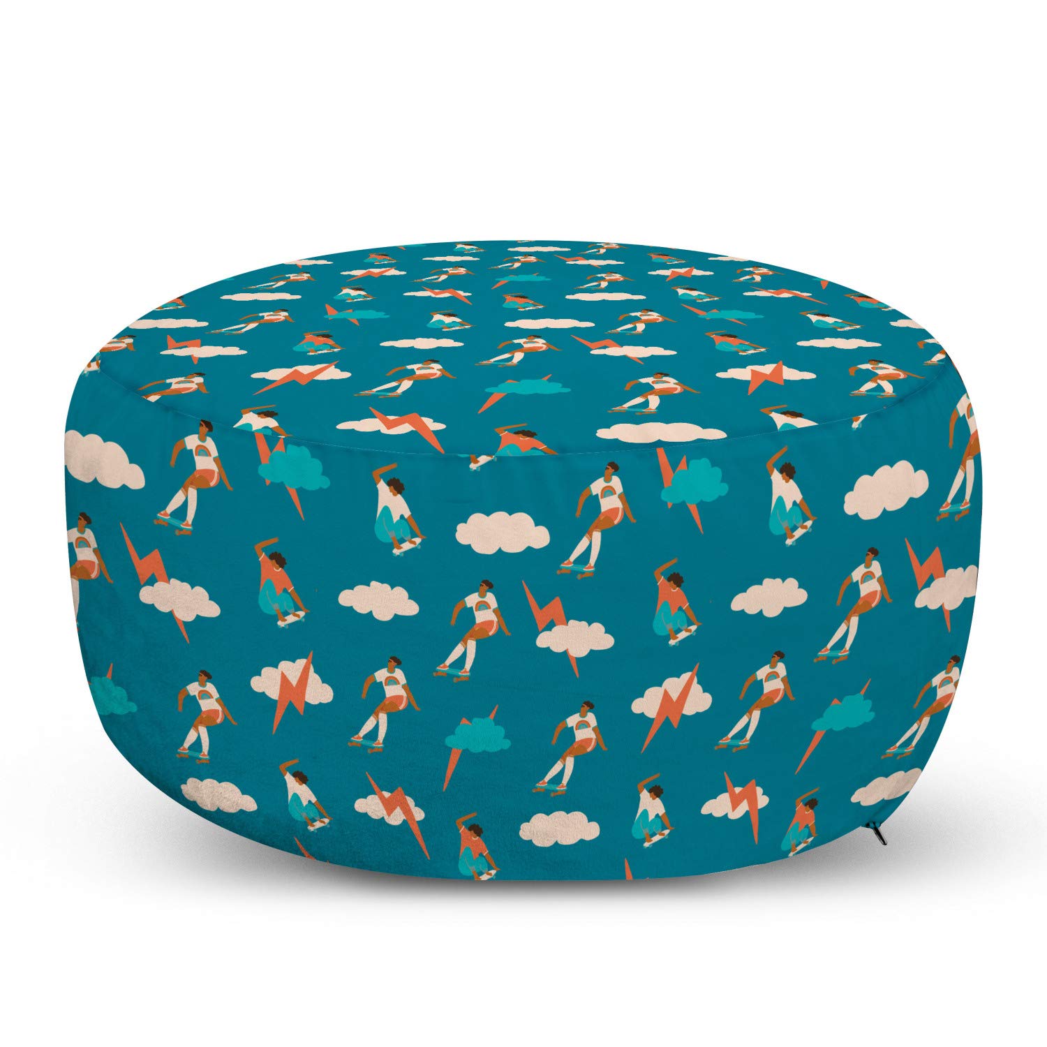 Ambesonne Skateboard Pouf Cover with Zipper - Reversible Decorative Pillow Case 30x17 Inches, Soft Fabric Unstuffed - Skateboarder Boy Pattern in Petrol Blue & Multicolor - Perfect for Teen Bedroom, Game Room or Dorm Decor
