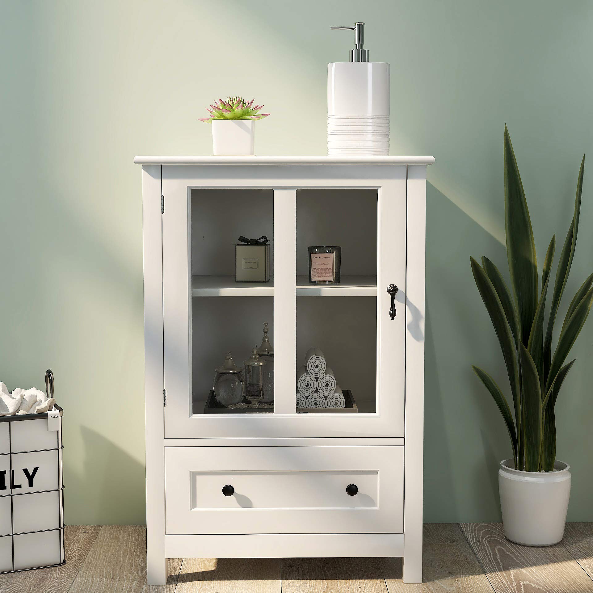 Yoluckea White Sideboard Buffet Storage Cabinet with Glass Doors - Kitchen & Dining Room Organizer, Liquor Cabinet, Cupboard Console Table for Home Decor & Entertaining