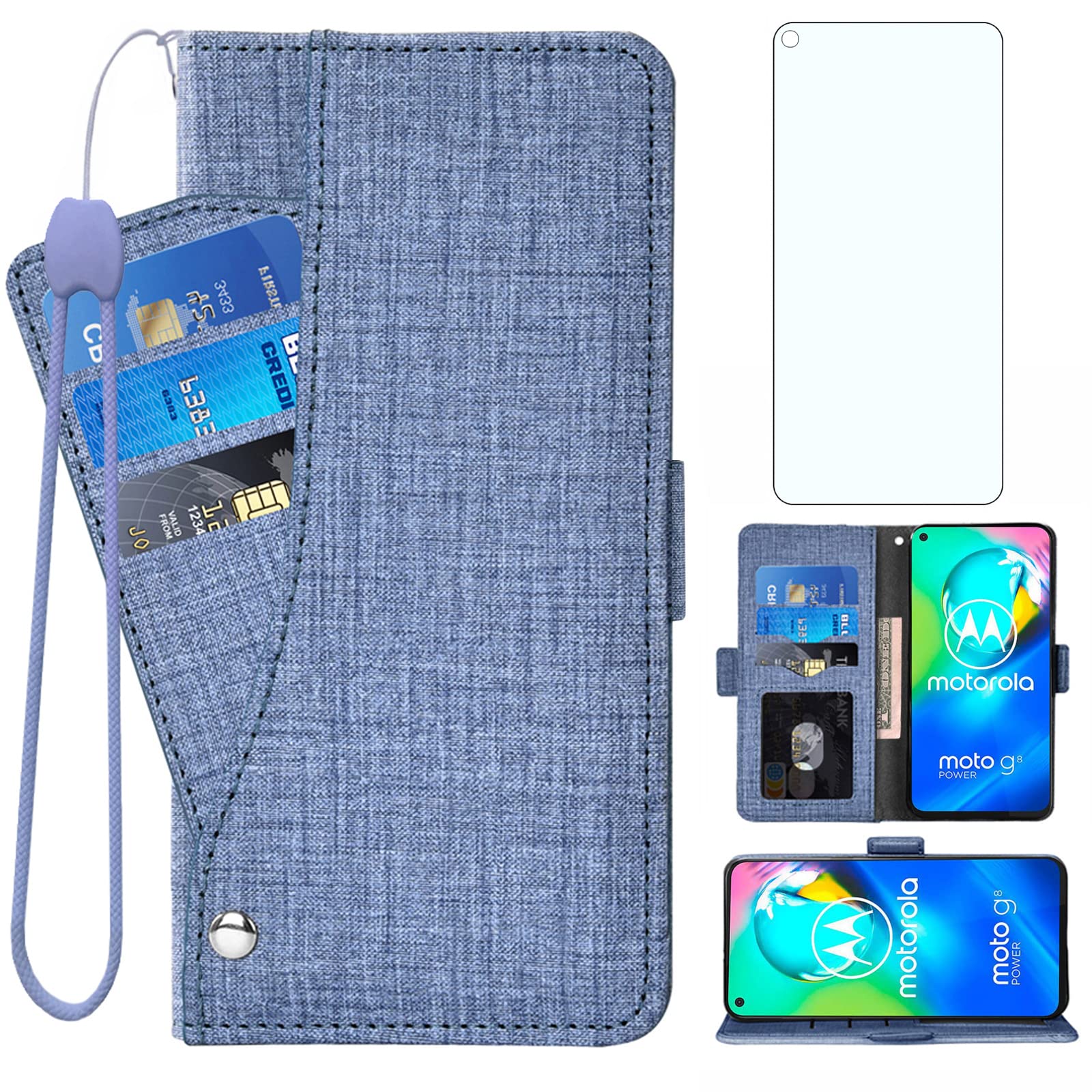 Moto G Power 2020 Wallet Case with Screen Protector - Blue Leather Phone Cover for Men & Women | Perfect for Work & Travel
